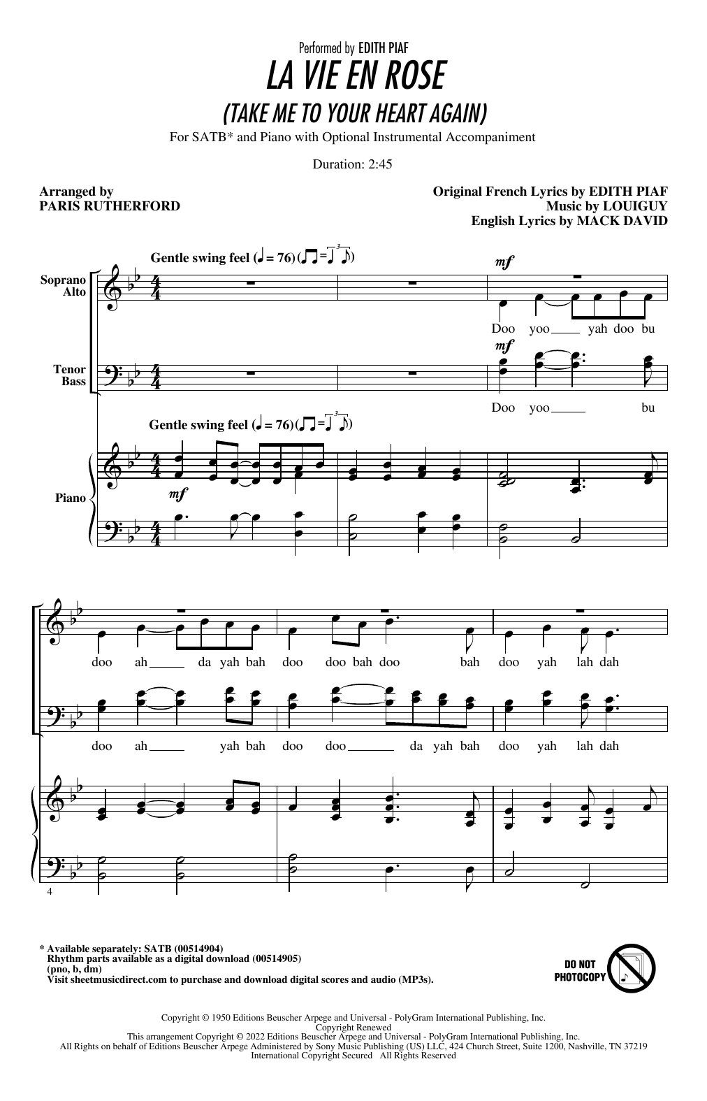 La Vie En Rose (Take Me To Your Heart Again) (arr. Paris Rutherford) (SATB Choir) von dith Piaf
