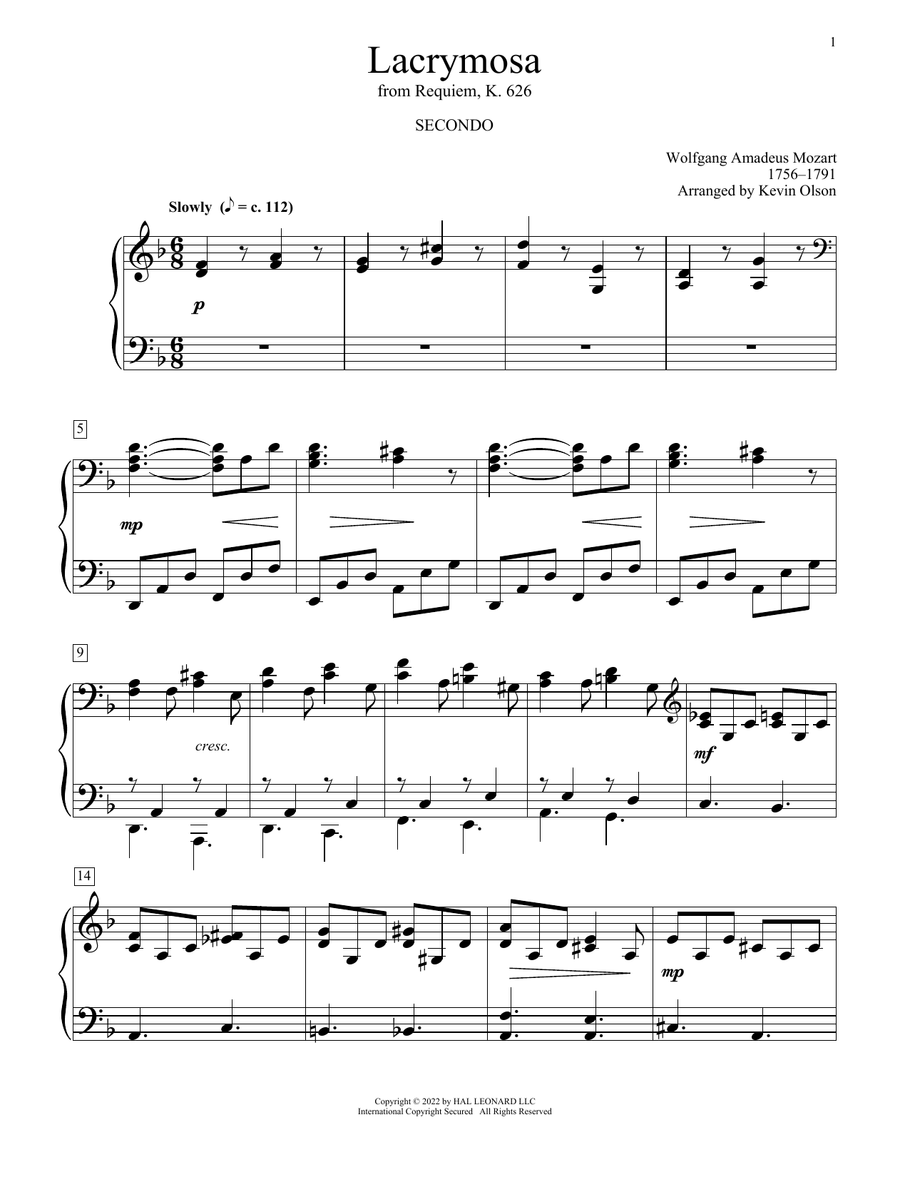 Lacrymosa (arr. Kevin Olson) (Piano Duet) von Wolfgang Amadeus Mozart