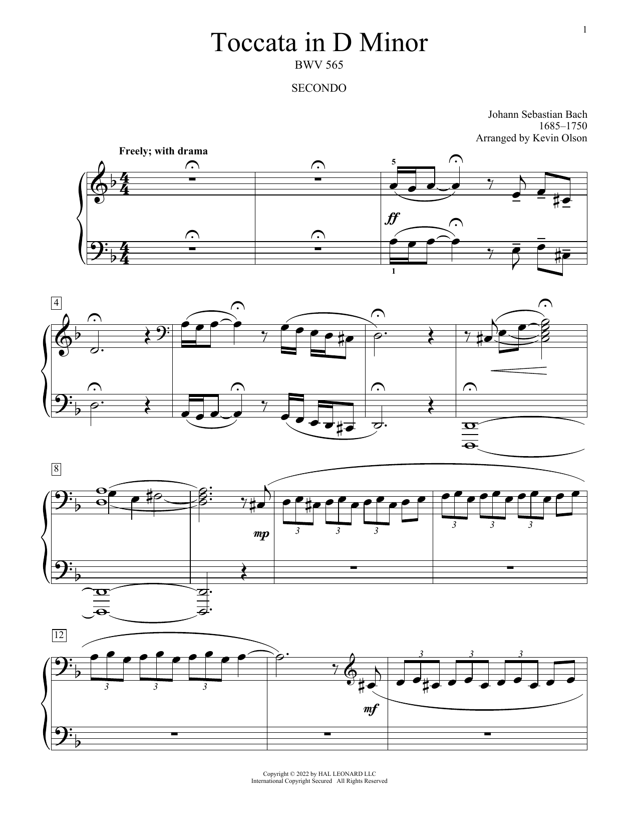 Toccata And Fugue In D Minor, BWV 565 (arr. Kevin Olson) (Piano Duet) von Johann Sebastian Bach
