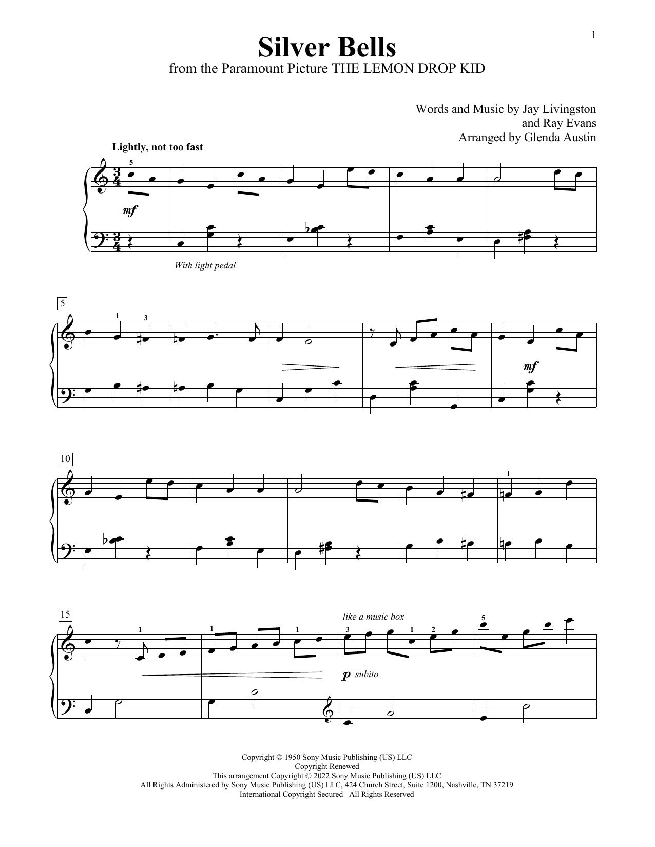 Silver Bells (arr. Glenda Austin) (Educational Piano) von Jay Livingston & Ray Evans