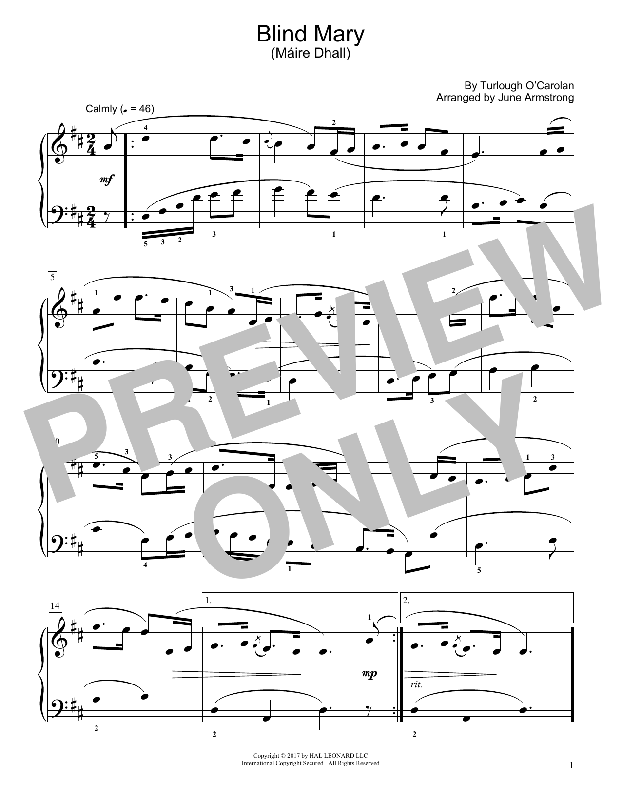 Blind Mary (Mire Dhall) (arr. June Armstrong) (Educational Piano) von Turlough O'Carolan