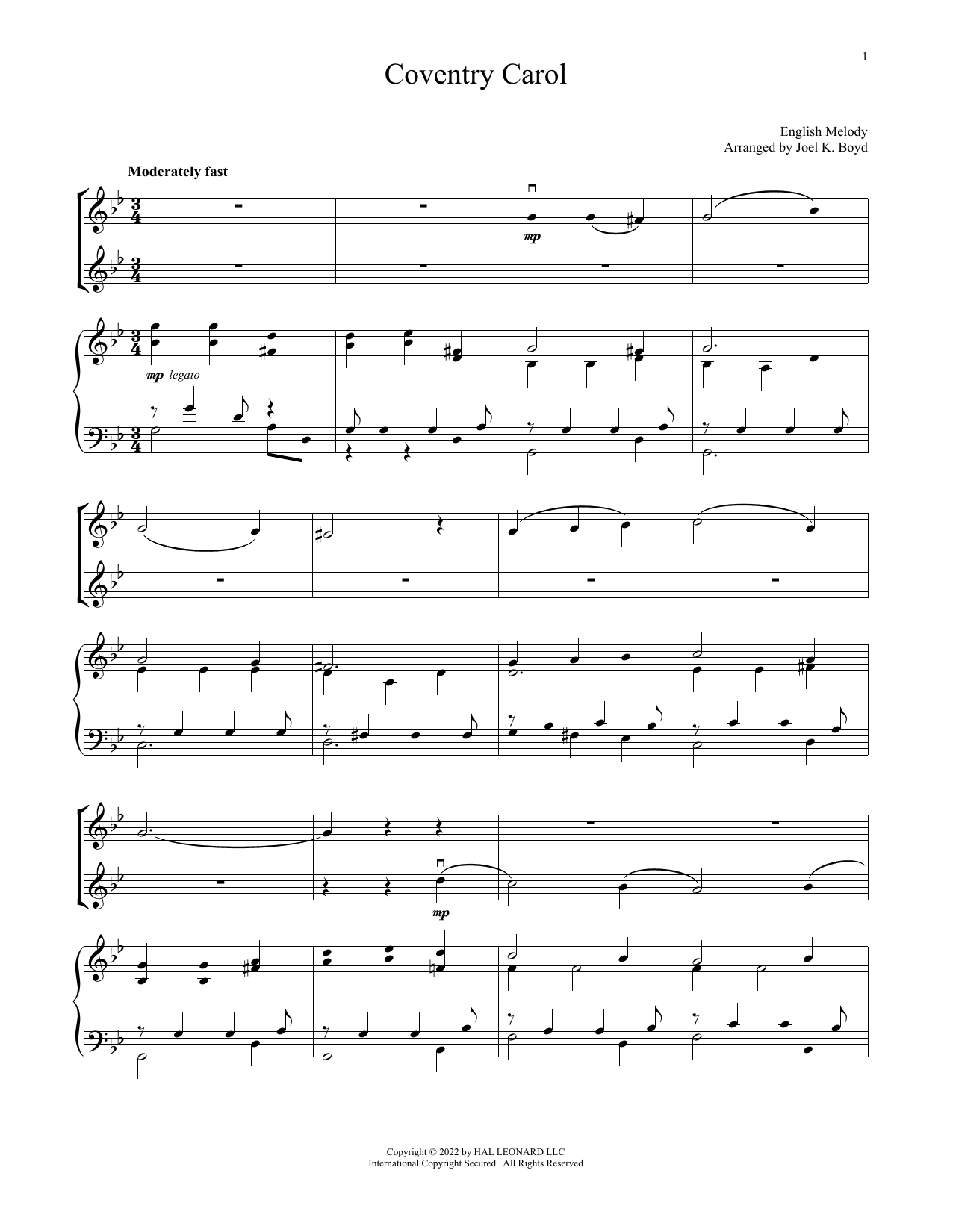 Coventry Carol (for Violin Duet and Piano) (Violin and Piano) von Traditional Carol