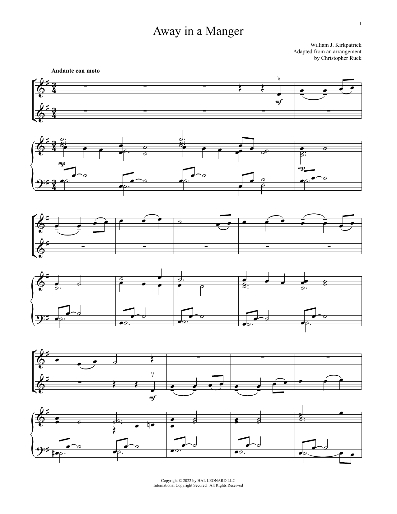 Away In A Manger (for Violin Duet and Piano) (Violin and Piano) von Traditional