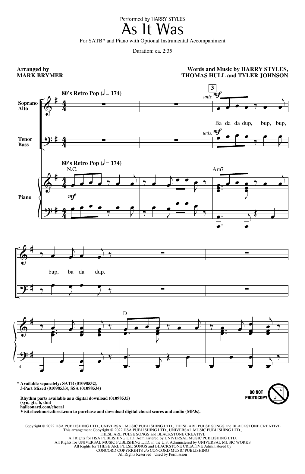 As It Was (arr. Mark Brymer) (SATB Choir) von Harry Styles