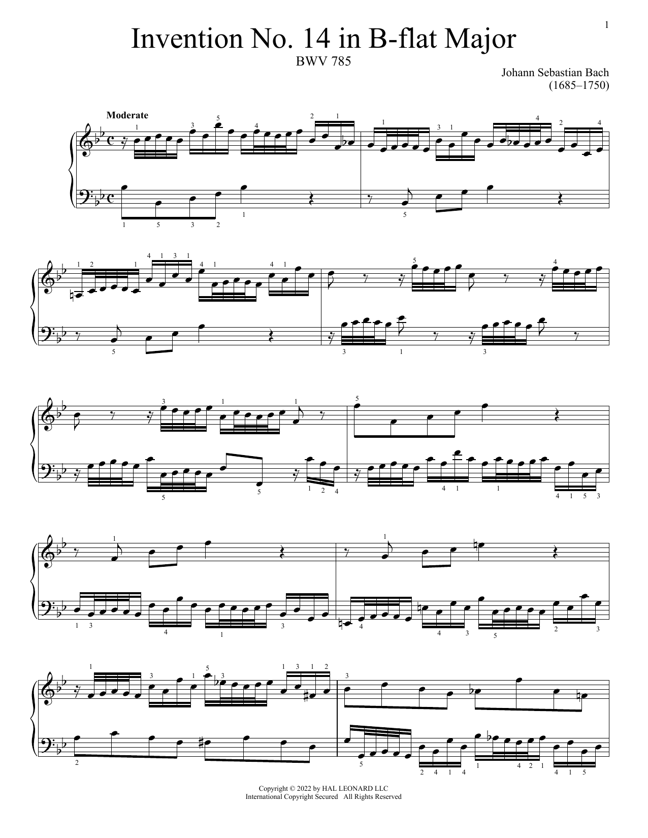 Invention No. 14 In B-Flat Major, BWV 785 (Piano Solo) von Johann Sebastian Bach