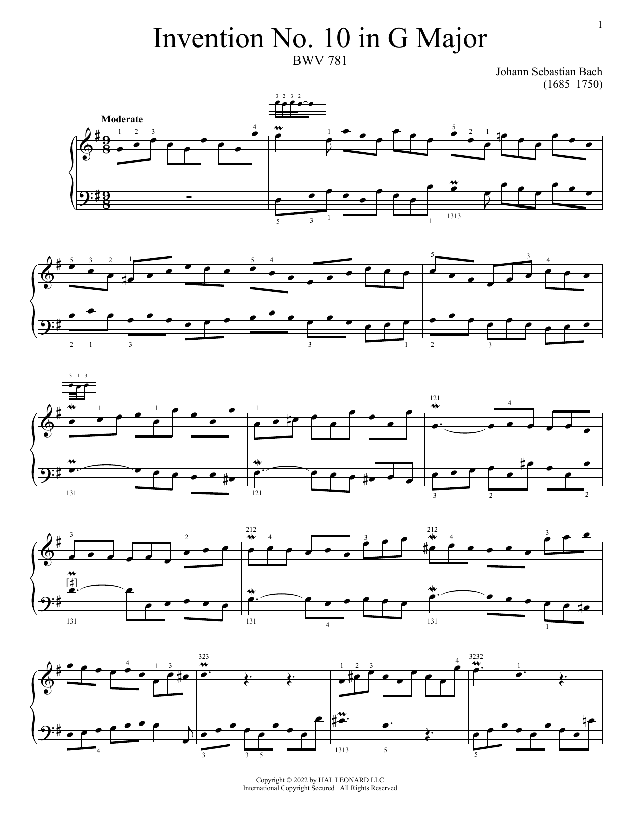 Invention No. 10 In G Major, BWV 781 (Piano Solo) von Johann Sebastian Bach