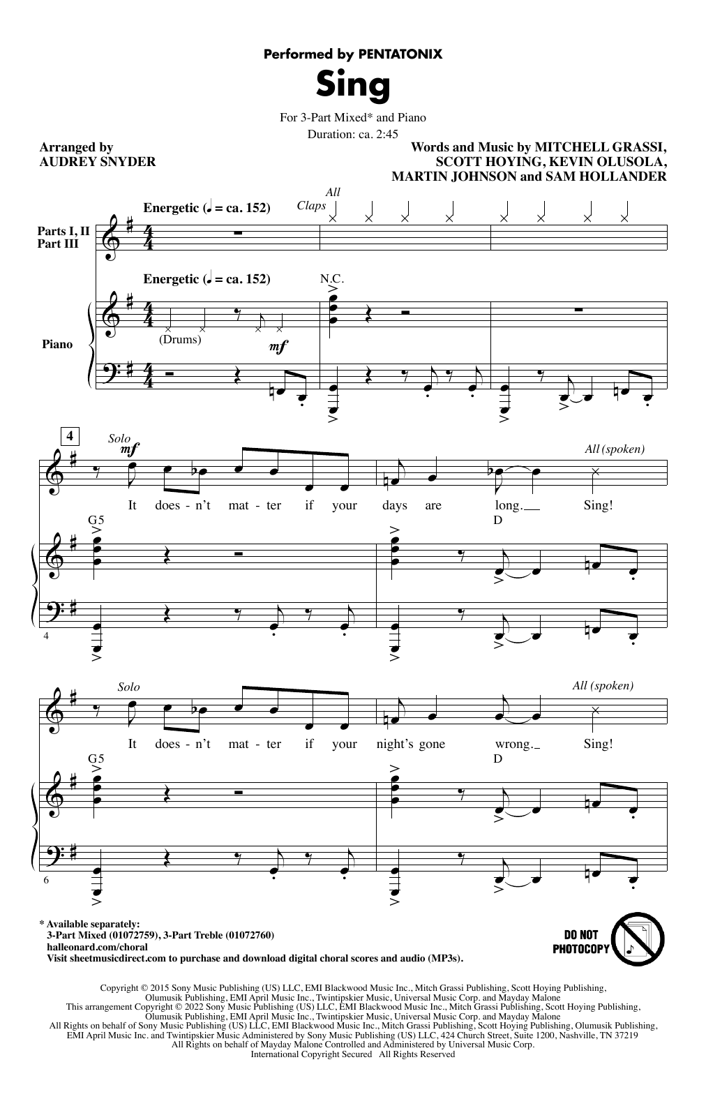 Sing (arr. Audrey Snyder) (3-Part Mixed Choir) von Pentatonix