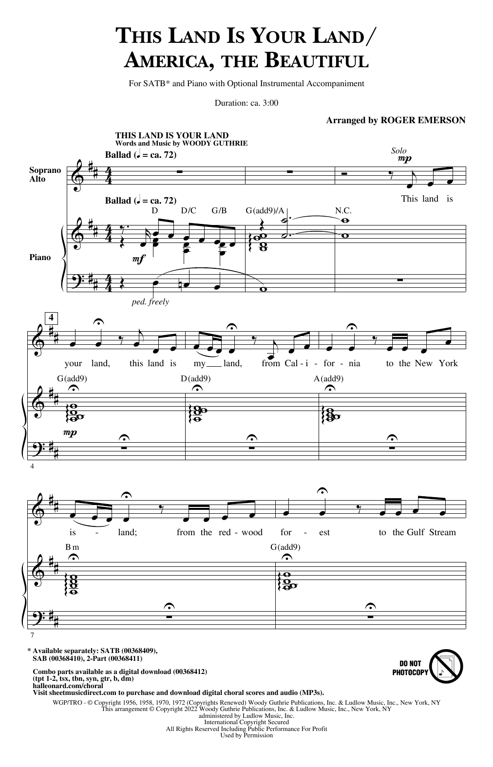 This Land Is Your Land/America, The Beautiful (SATB Choir) von Roger Emerson