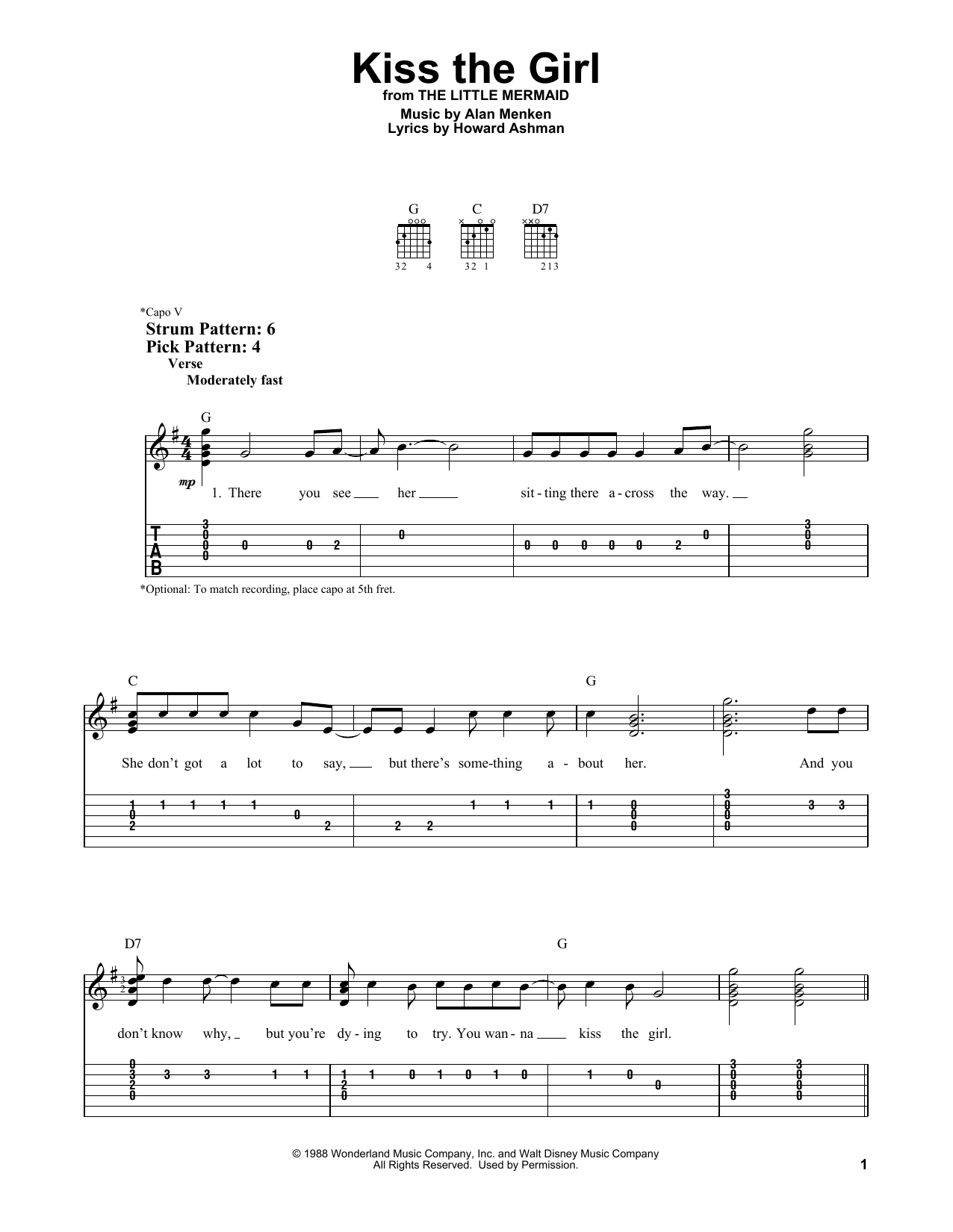 Kiss The Girl (from The Little Mermaid) (Easy Guitar Tab) von Alan Menken & Howard Ashman