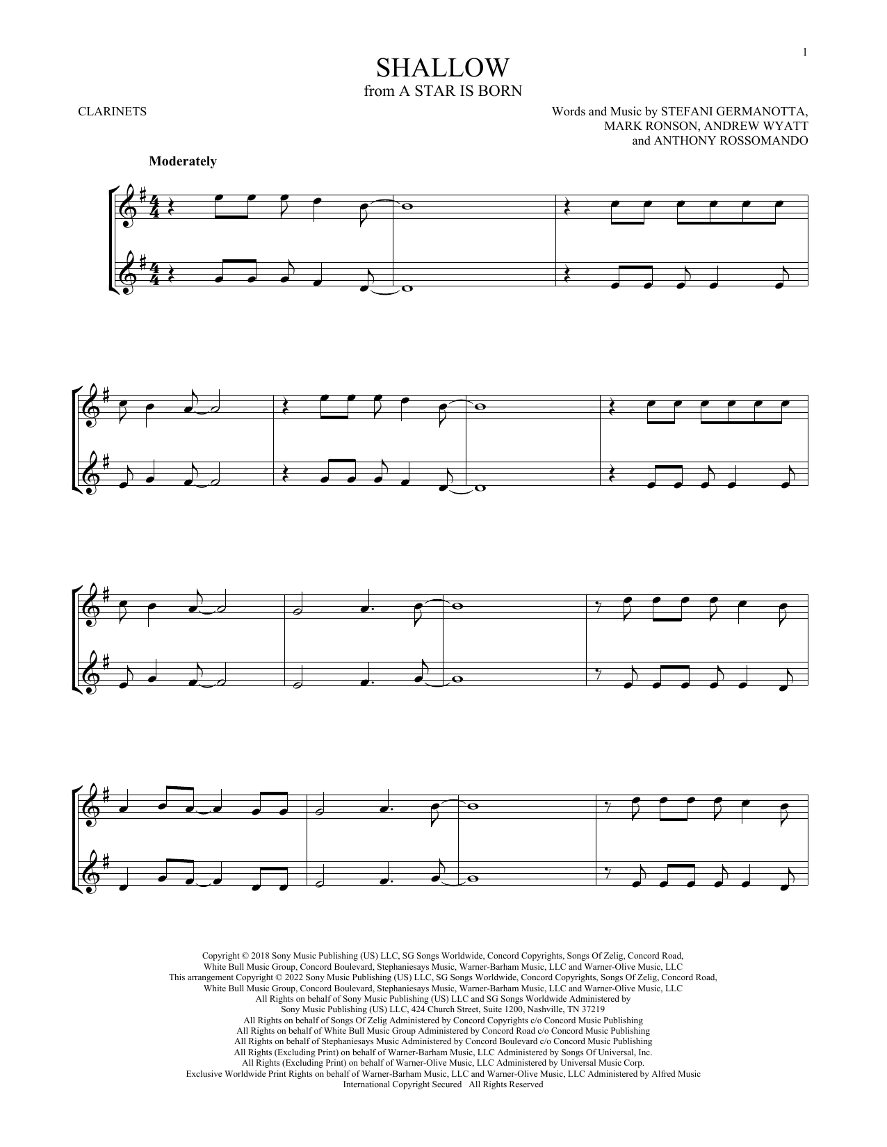 Shallow (from A Star Is Born) (Clarinet Duet) von Lady Gaga & Bradley Cooper
