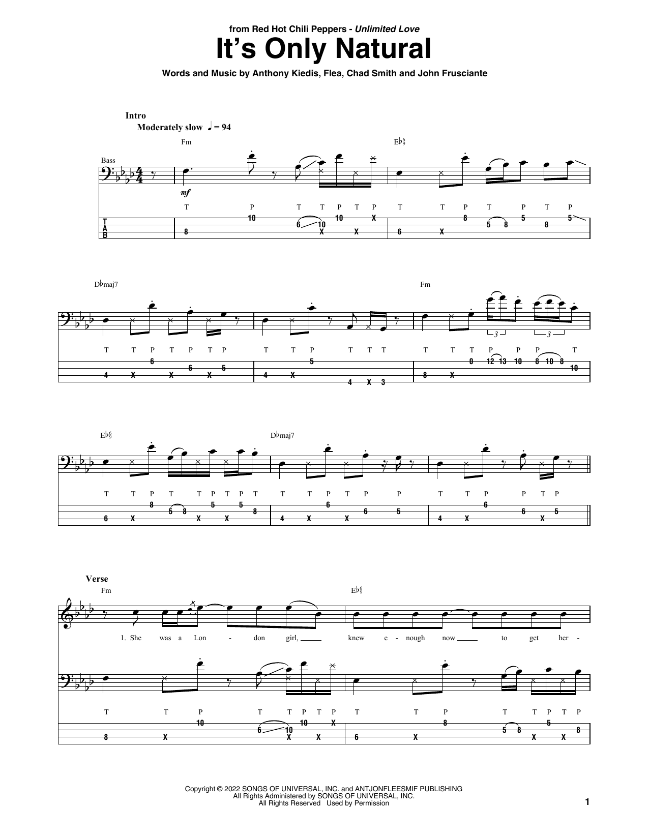 It's Only Natural (Bass Guitar Tab) von Red Hot Chili Peppers
