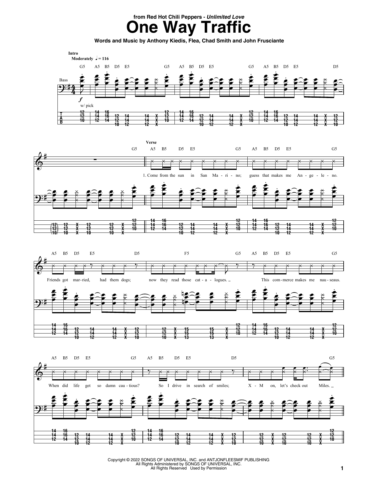 One Way Traffic (Bass Guitar Tab) von Red Hot Chili Peppers