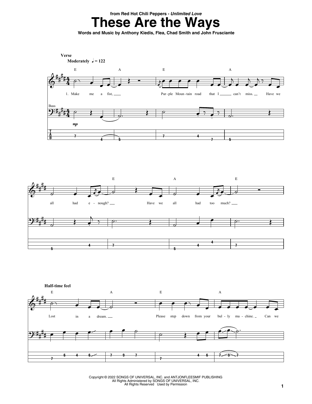 These Are The Ways (Bass Guitar Tab) von Red Hot Chili Peppers