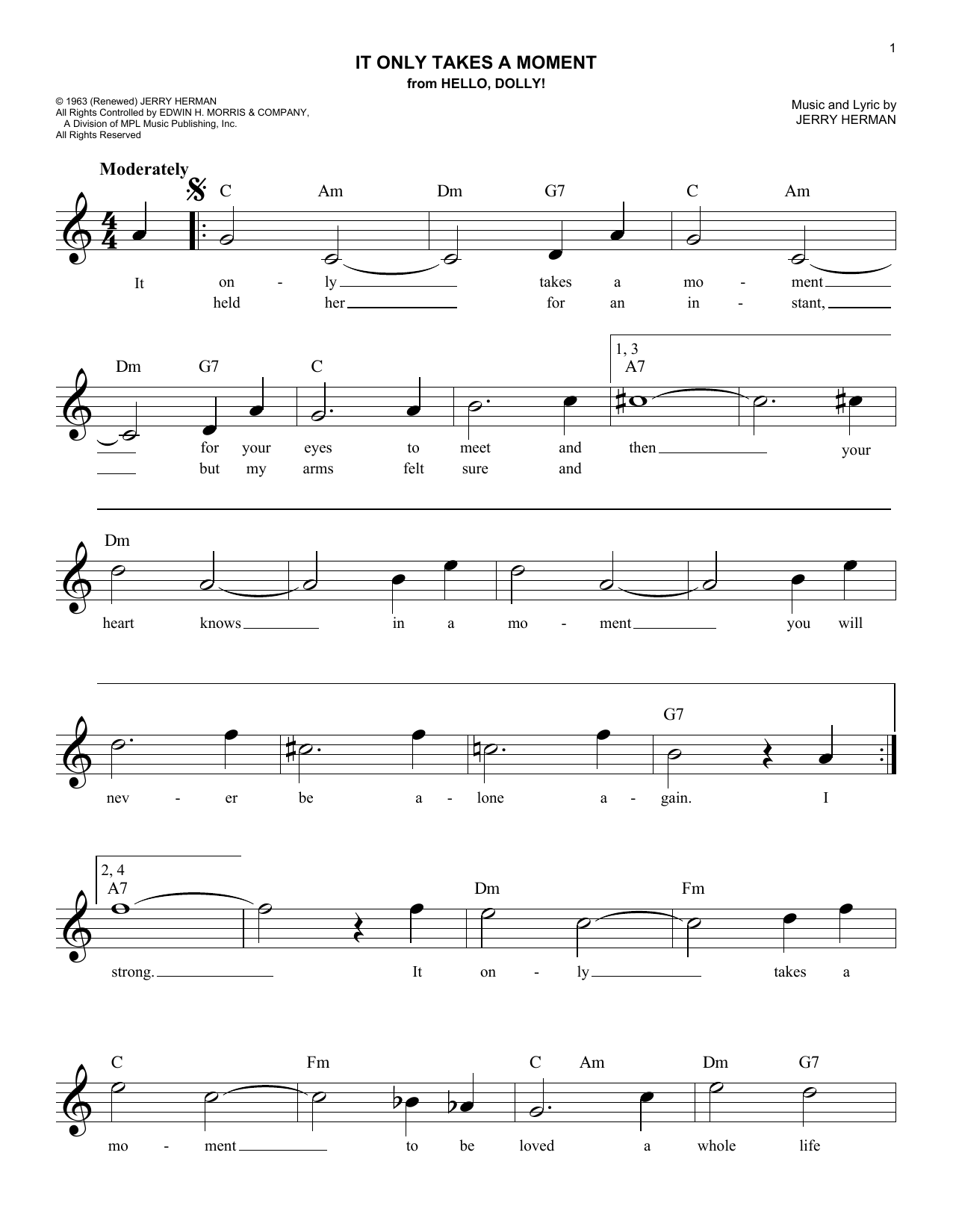 It Only Takes A Moment (Lead Sheet / Fake Book) von Jerry Herman