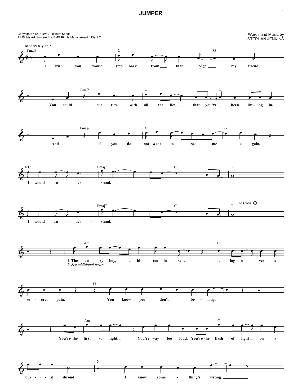 Jumper (Lead Sheet / Fake Book) von Third Eye Blind