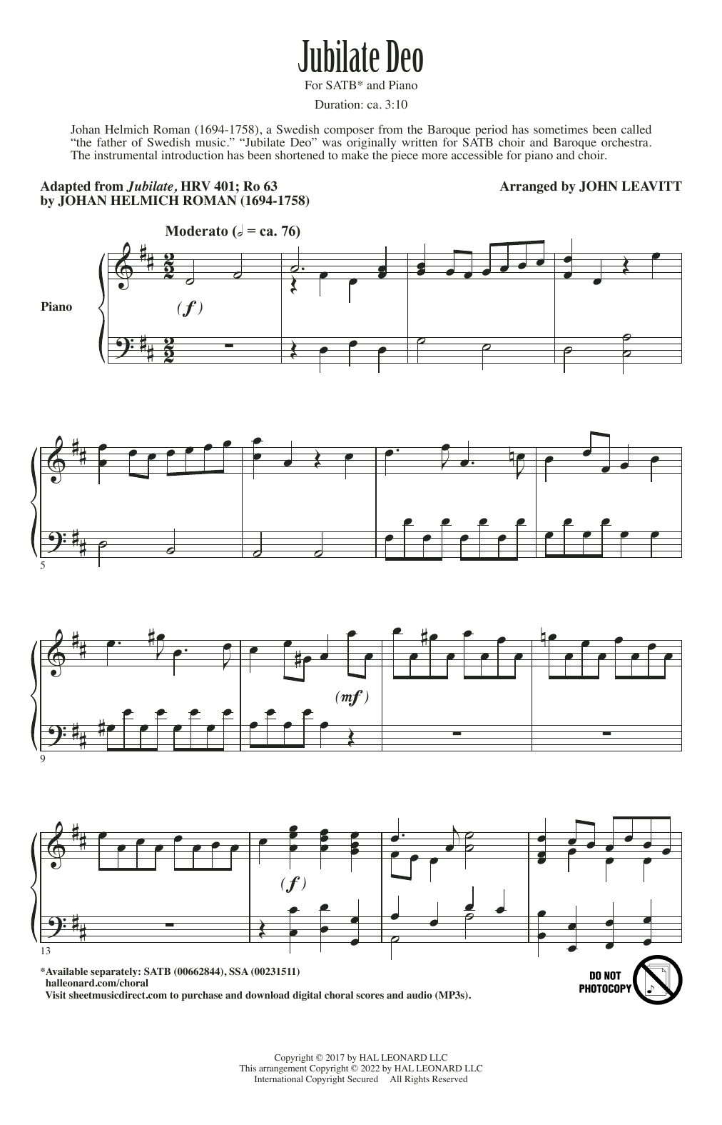 Jubilate Deo (arr. John Leavitt) (SATB Choir) von Johan Helmich Roman