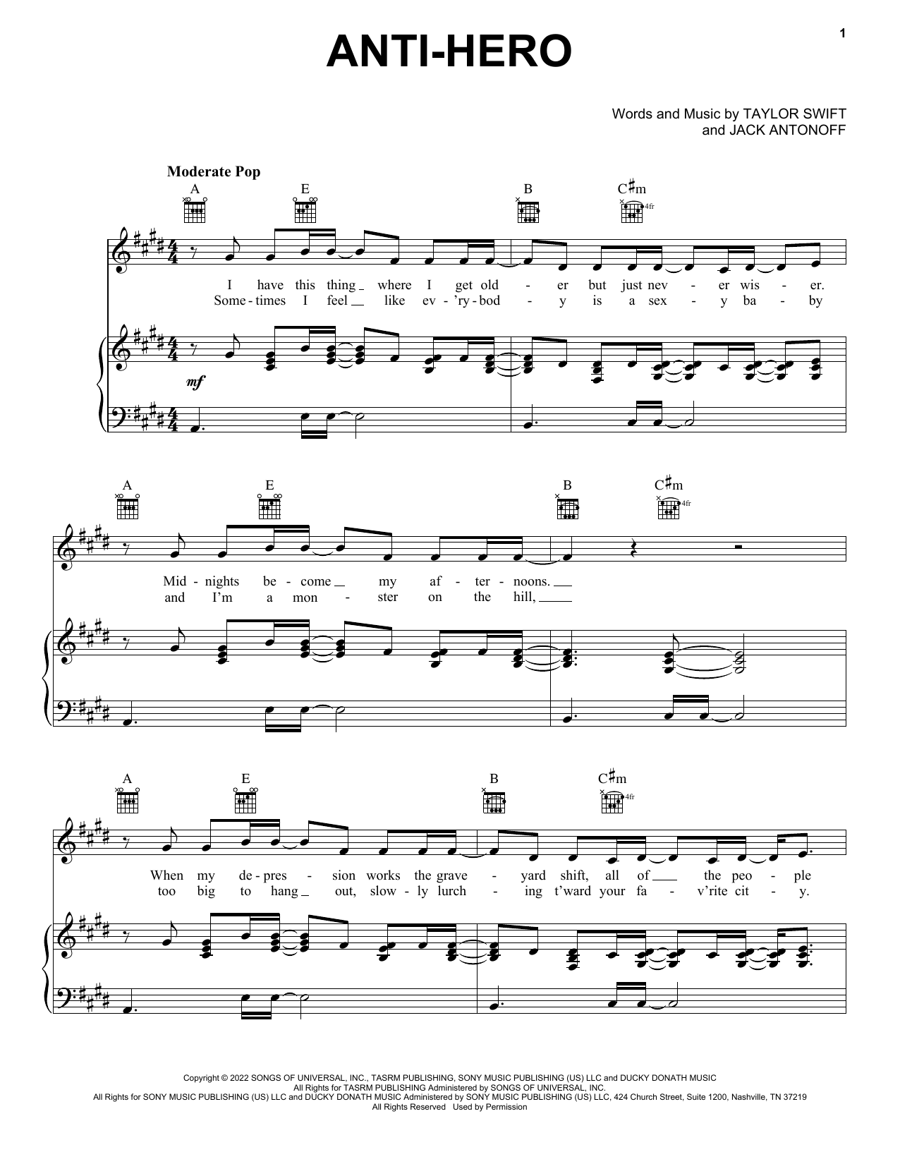 Anti-Hero (Piano, Vocal & Guitar Chords (Right-Hand Melody)) von Taylor Swift
