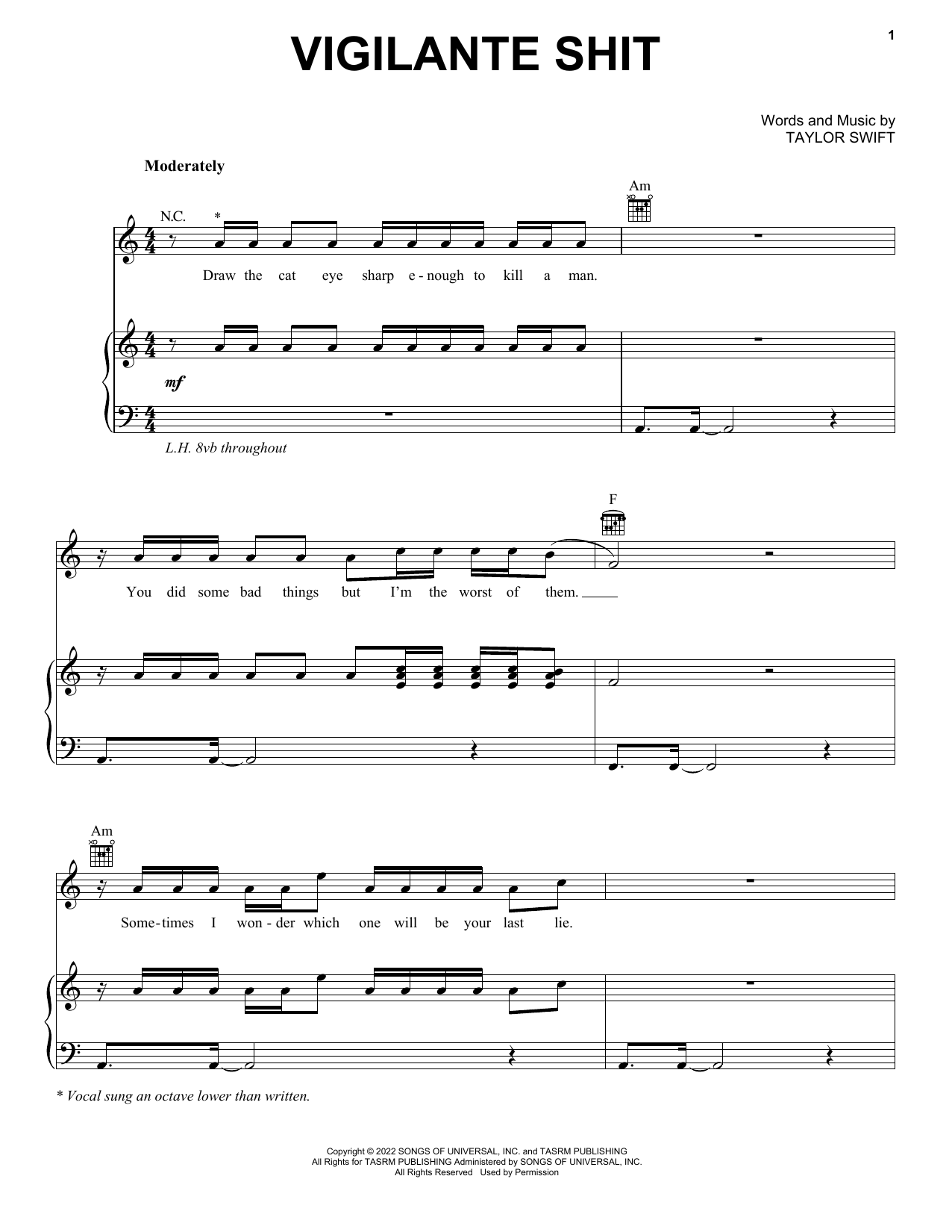 Vigilante Shit (Piano, Vocal & Guitar Chords (Right-Hand Melody)) von Taylor Swift