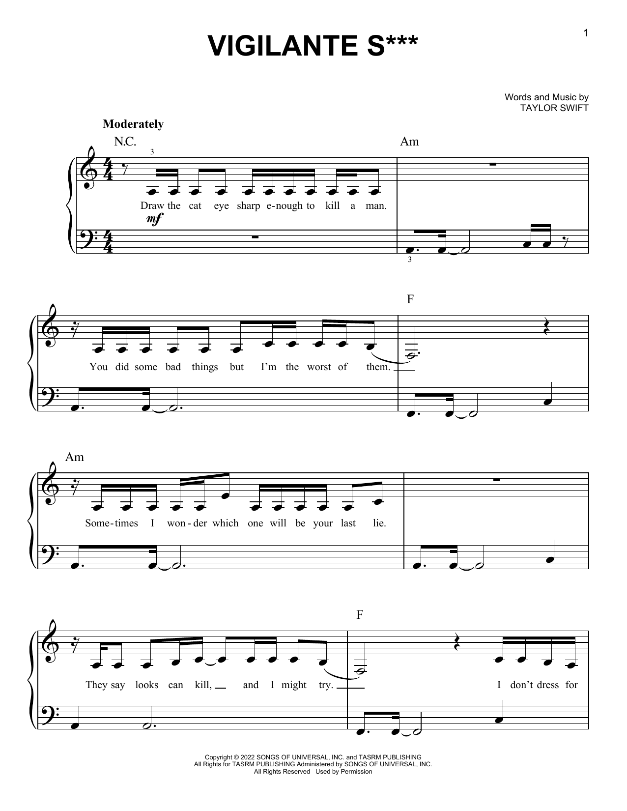 Vigilante S*** (Easy Piano) von Taylor Swift