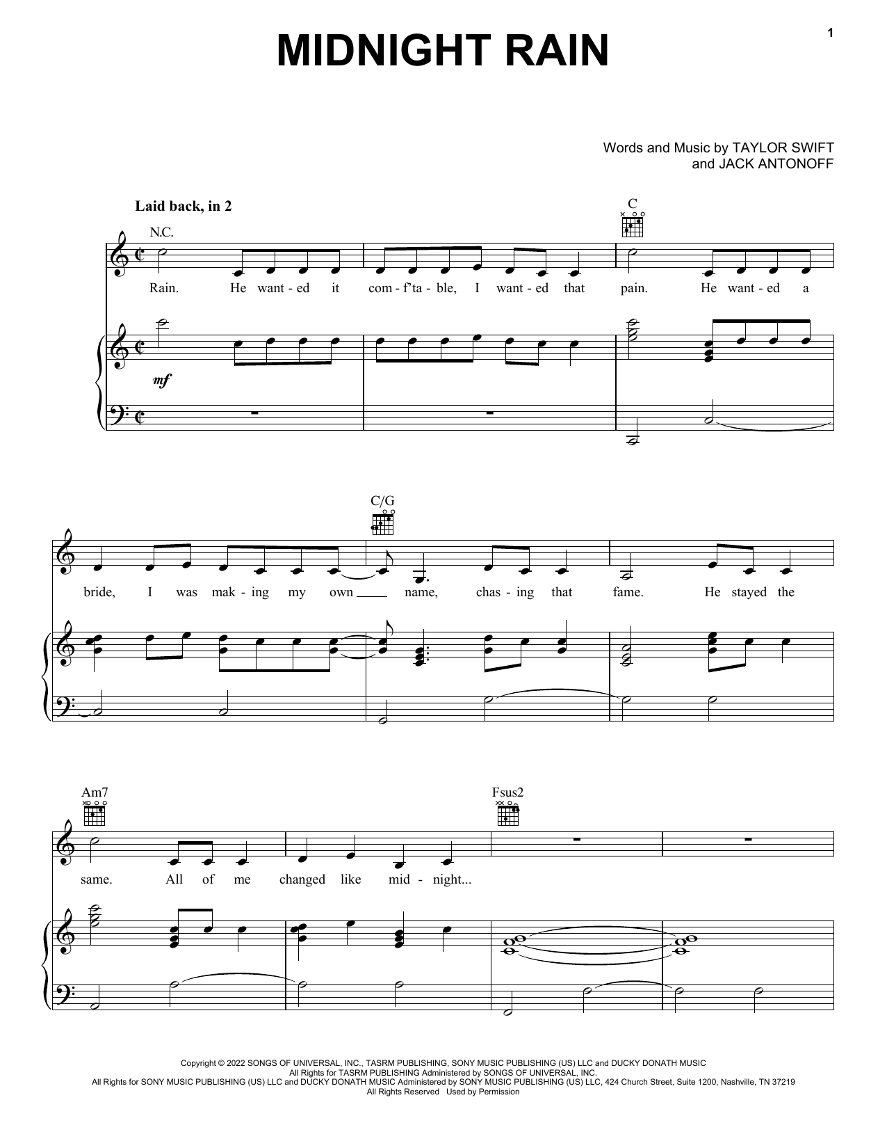 Midnight Rain (Piano, Vocal & Guitar Chords (Right-Hand Melody)) von Taylor Swift