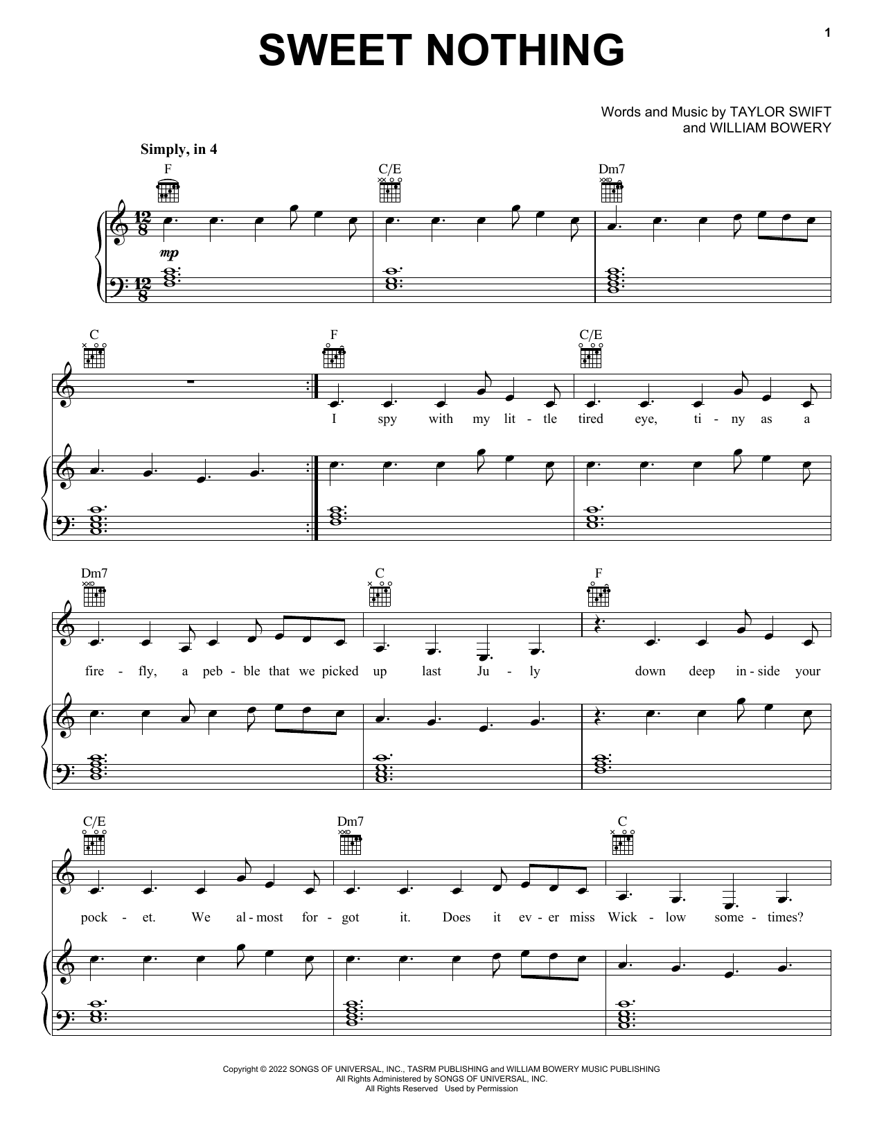 Sweet Nothing (Piano, Vocal & Guitar Chords (Right-Hand Melody)) von Taylor Swift