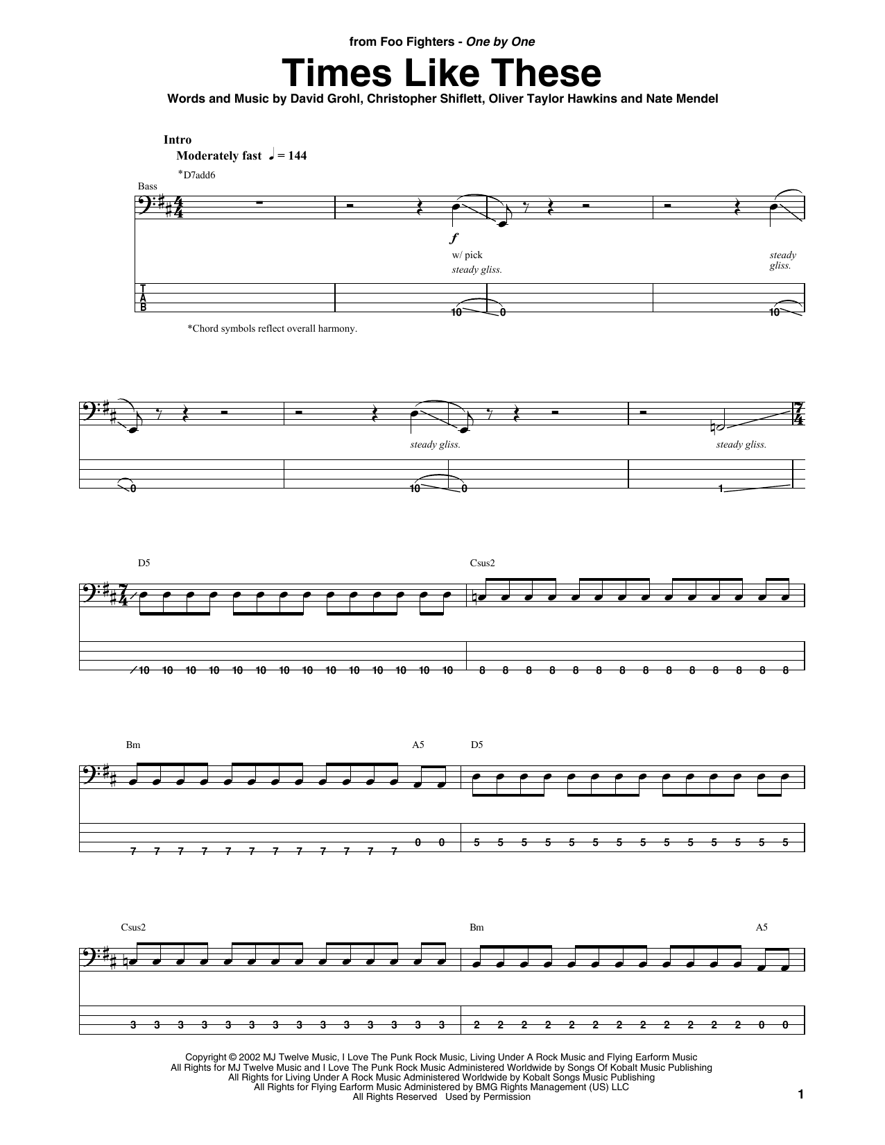 Times Like These (Bass Guitar Tab) von Foo Fighters