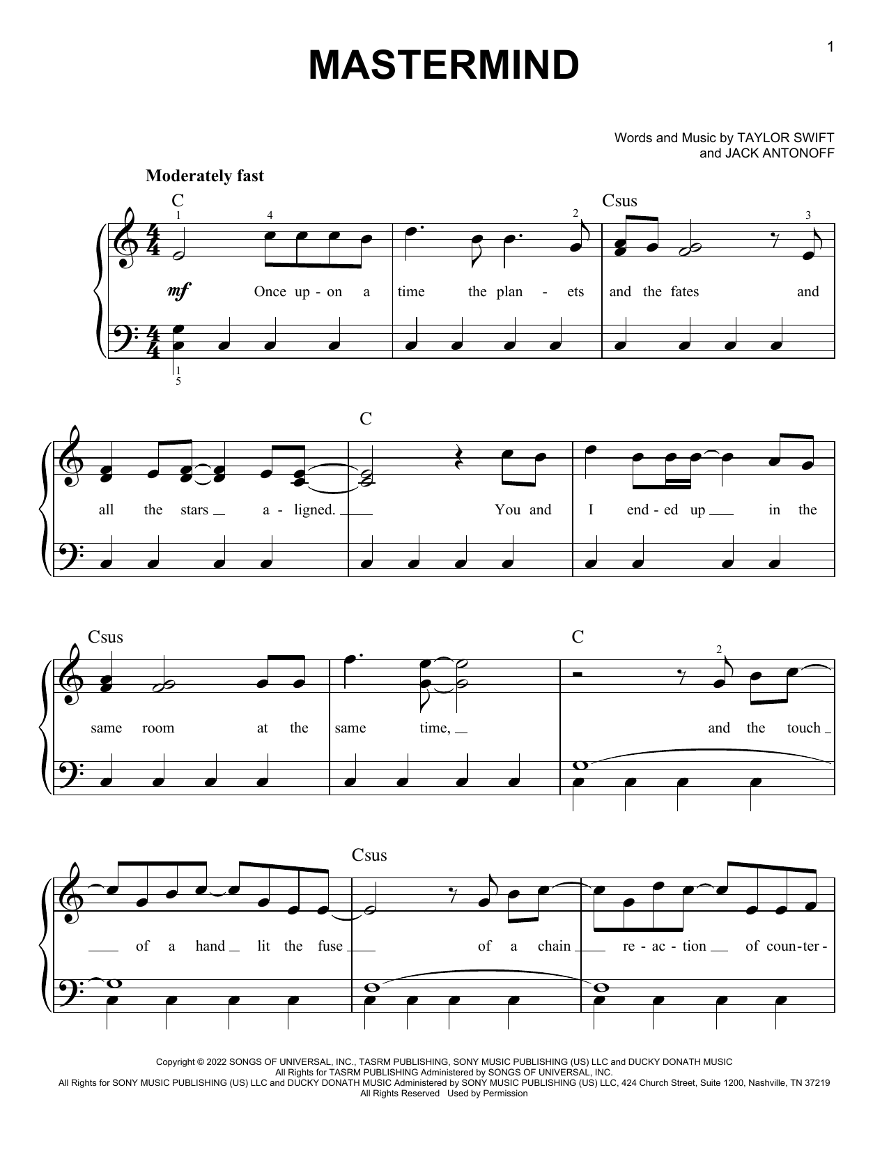 Mastermind (Easy Piano) von Taylor Swift