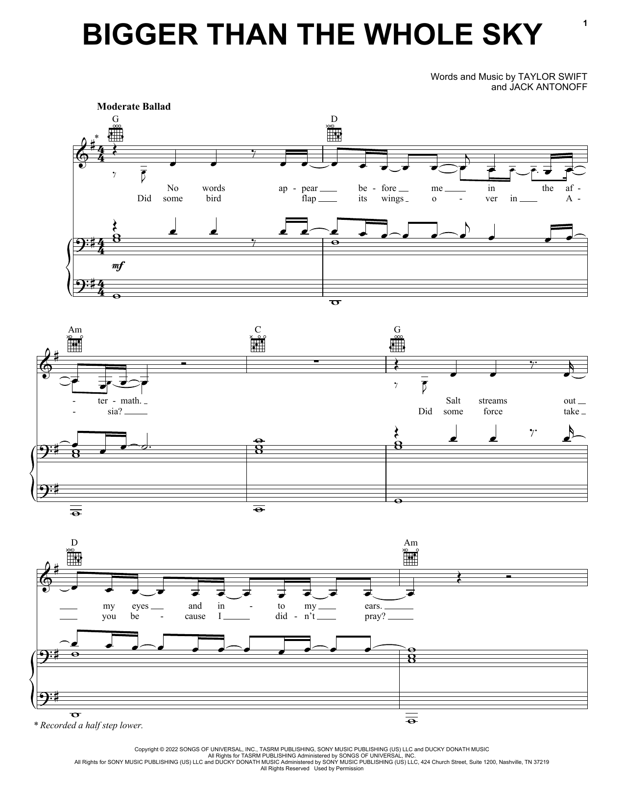 Bigger Than The Whole Sky (Piano, Vocal & Guitar Chords (Right-Hand Melody)) von Taylor Swift