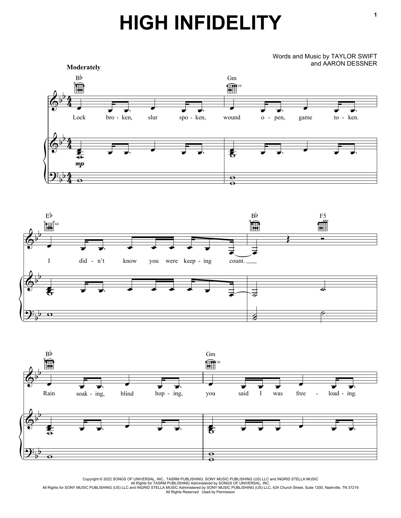 High Infidelity (Piano, Vocal & Guitar Chords (Right-Hand Melody)) von Taylor Swift