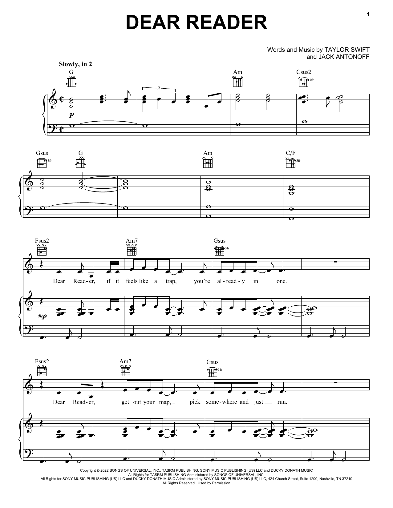 Dear Reader (Piano, Vocal & Guitar Chords (Right-Hand Melody)) von Taylor Swift