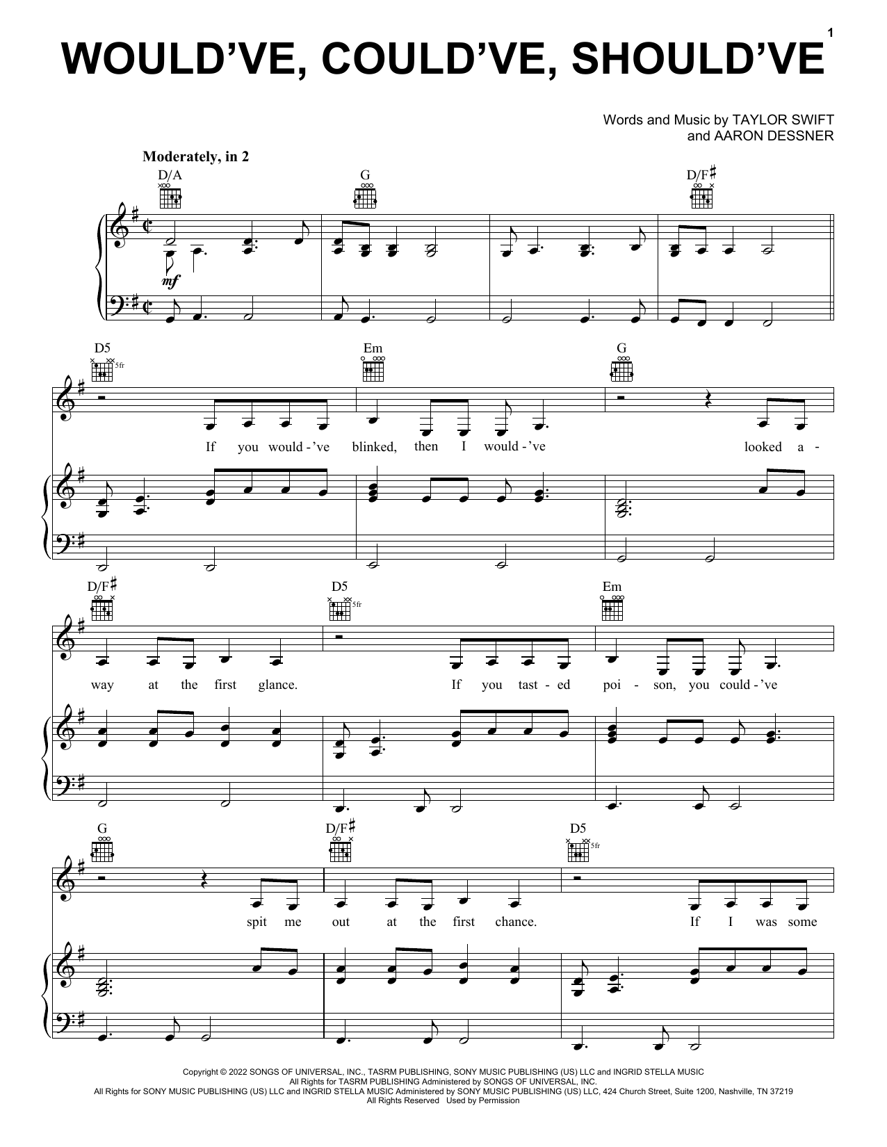 Would've, Could've, Should've (Piano, Vocal & Guitar Chords (Right-Hand Melody)) von Taylor Swift