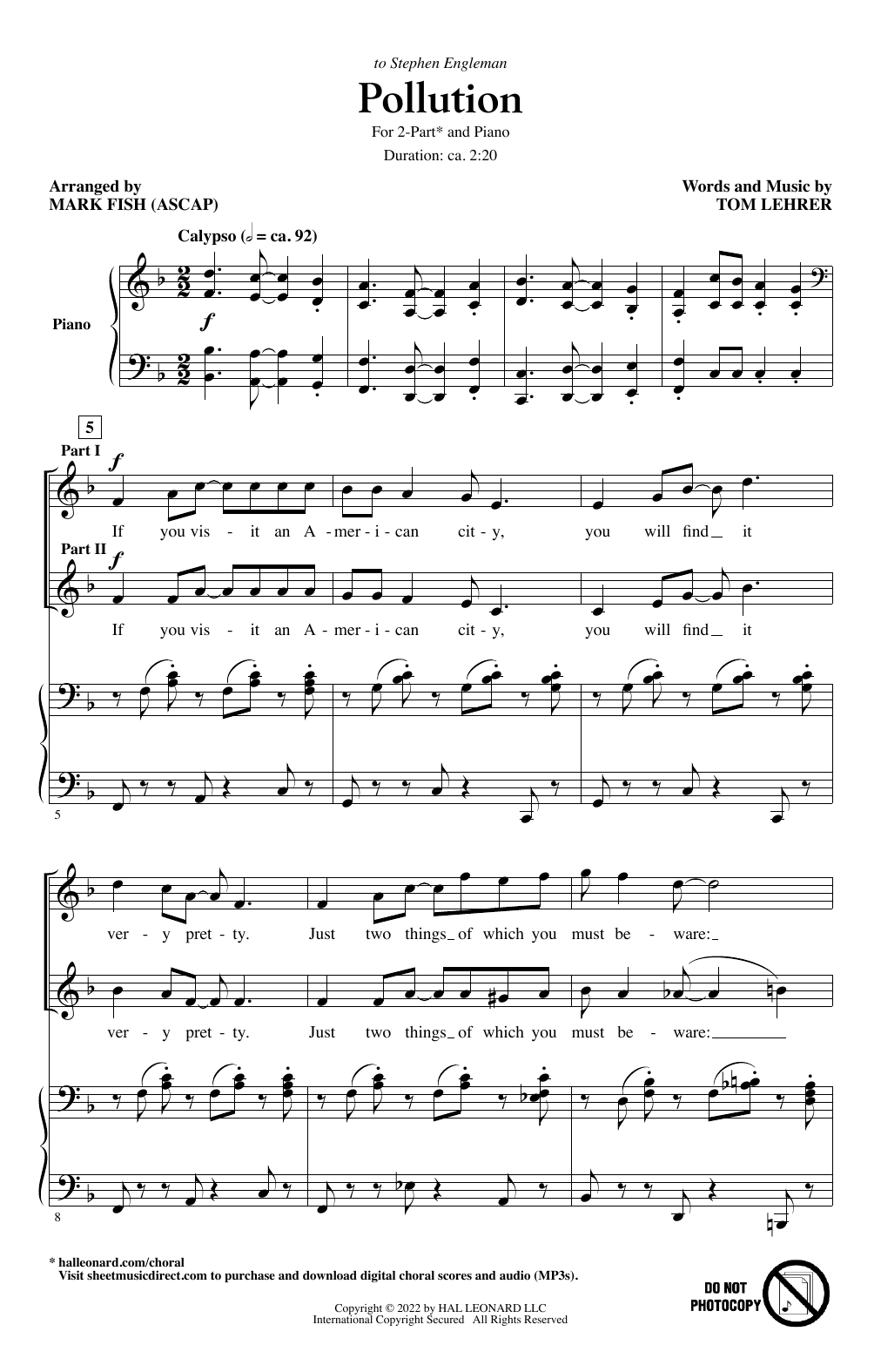 Pollution (arr. Mark Fish) (2-Part Choir) von Tom Lehrer