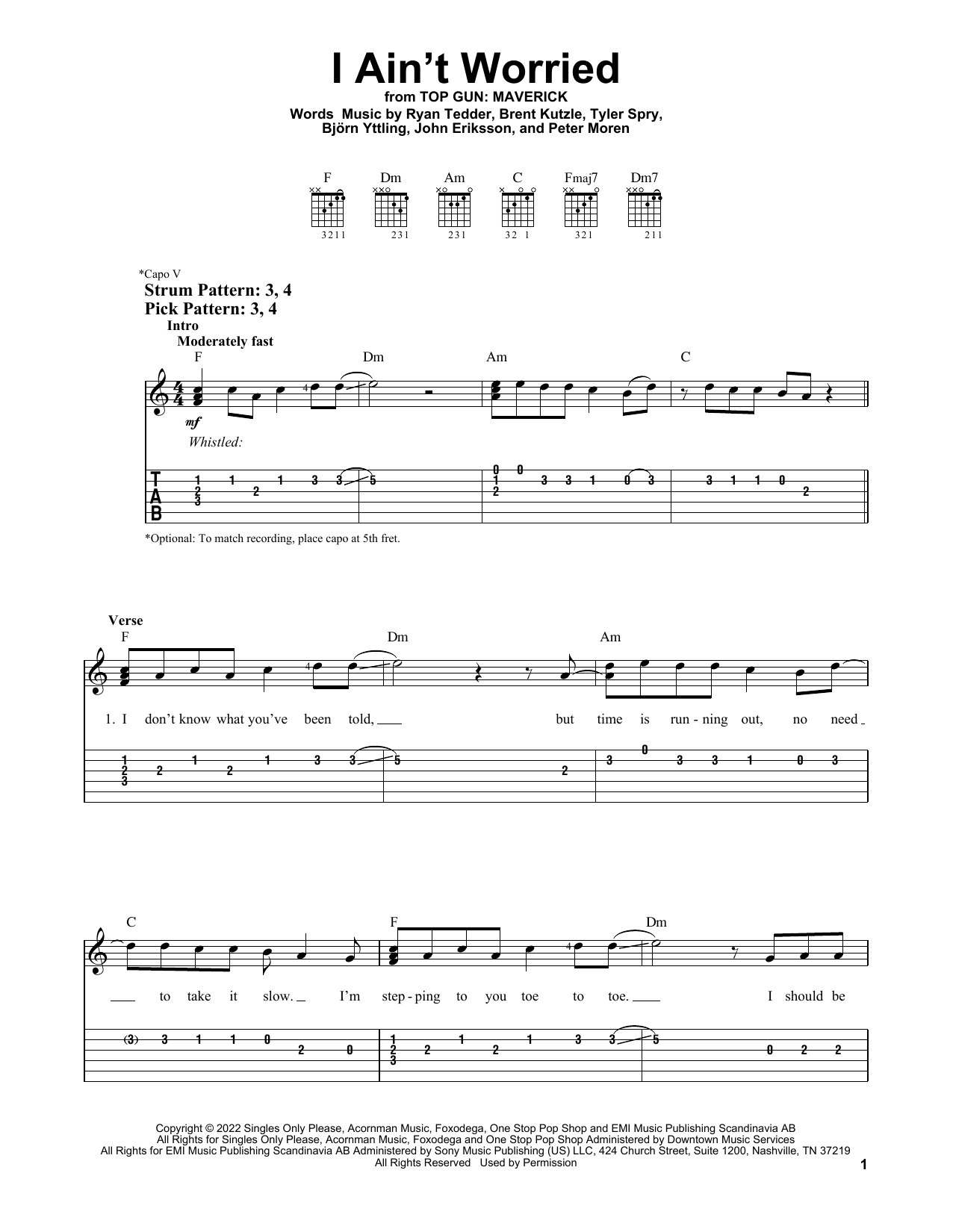 I Ain't Worried (from Top Gun: Maverick) (Easy Guitar Tab) von OneRepublic