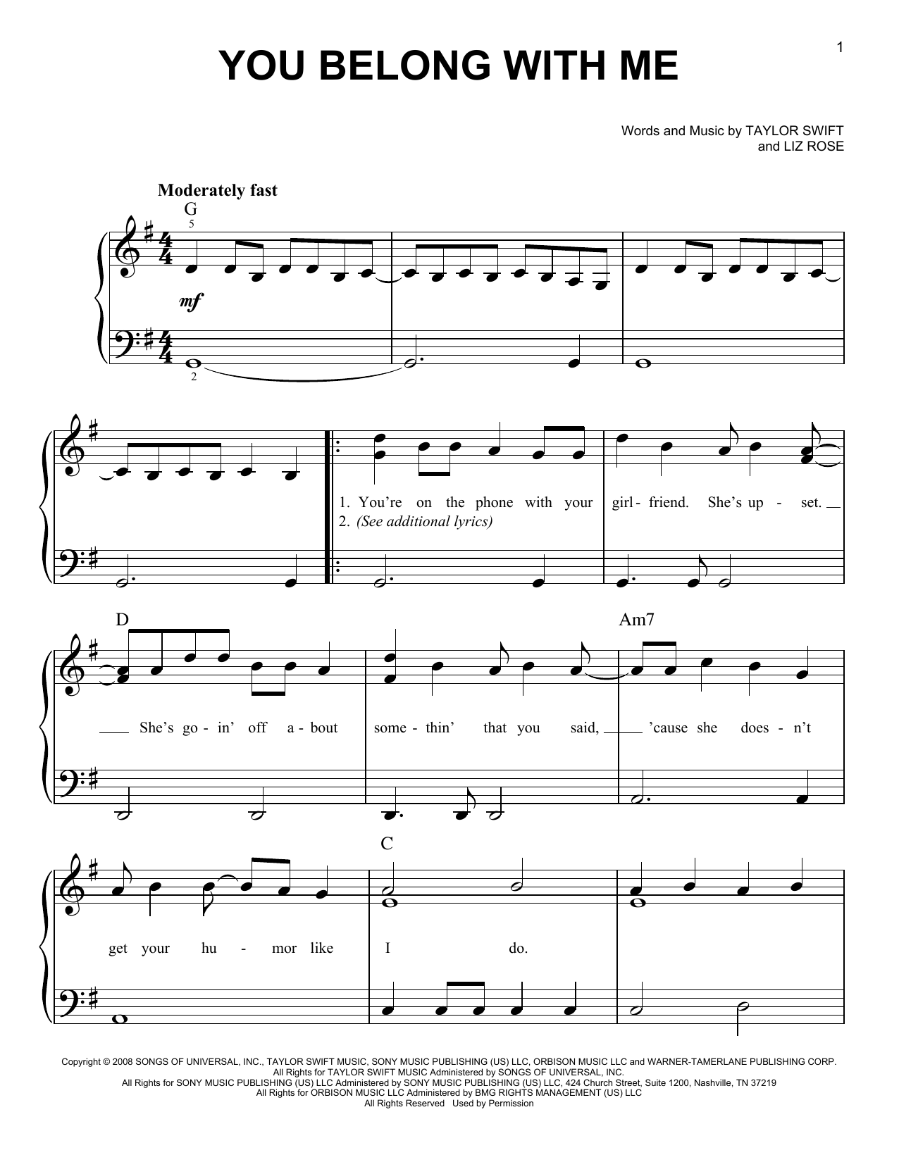 You Belong With Me (Very Easy Piano) von Taylor Swift