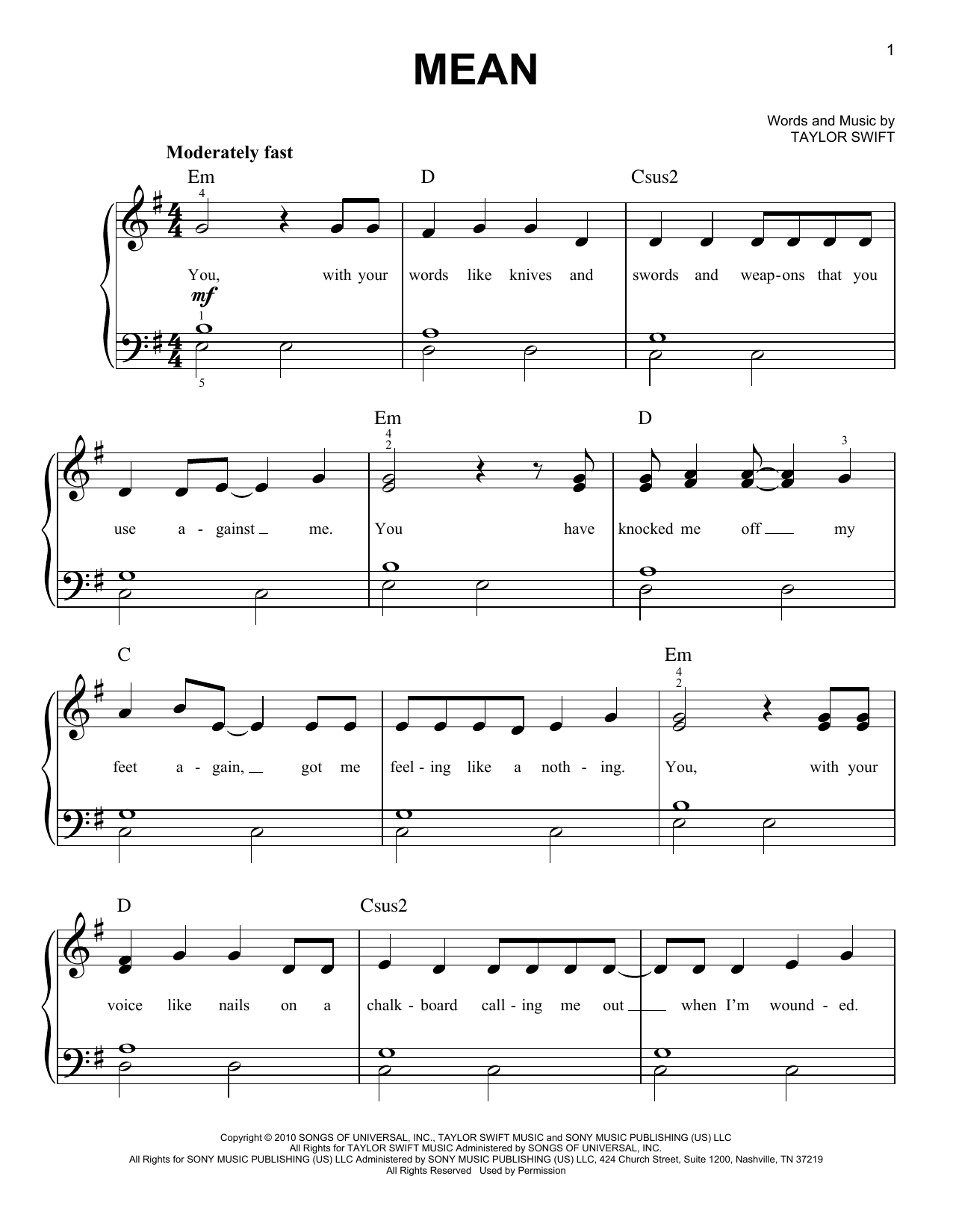 Mean (Very Easy Piano) von Taylor Swift