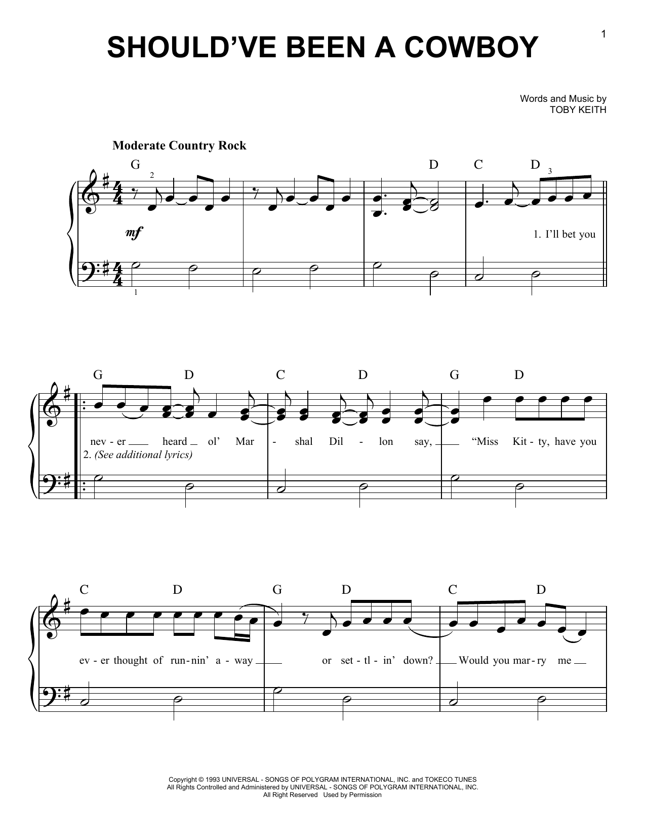 Should've Been A Cowboy (Very Easy Piano) von Toby Keith