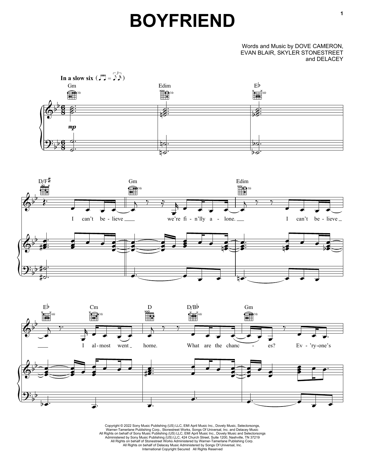 Boyfriend (Piano, Vocal & Guitar Chords (Right-Hand Melody)) von Dove Cameron