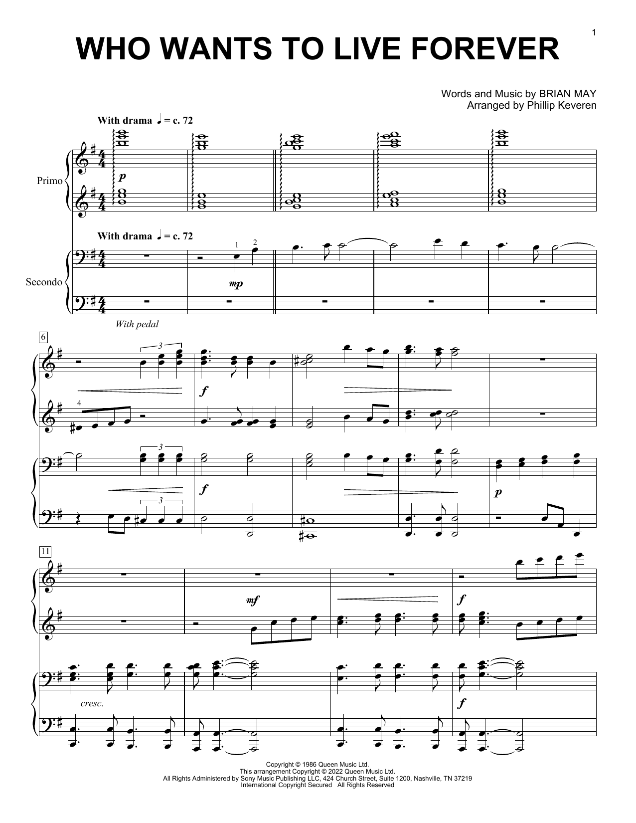 Who Wants To Live Forever (arr. Phillip Keveren) (Piano Duet) von Queen