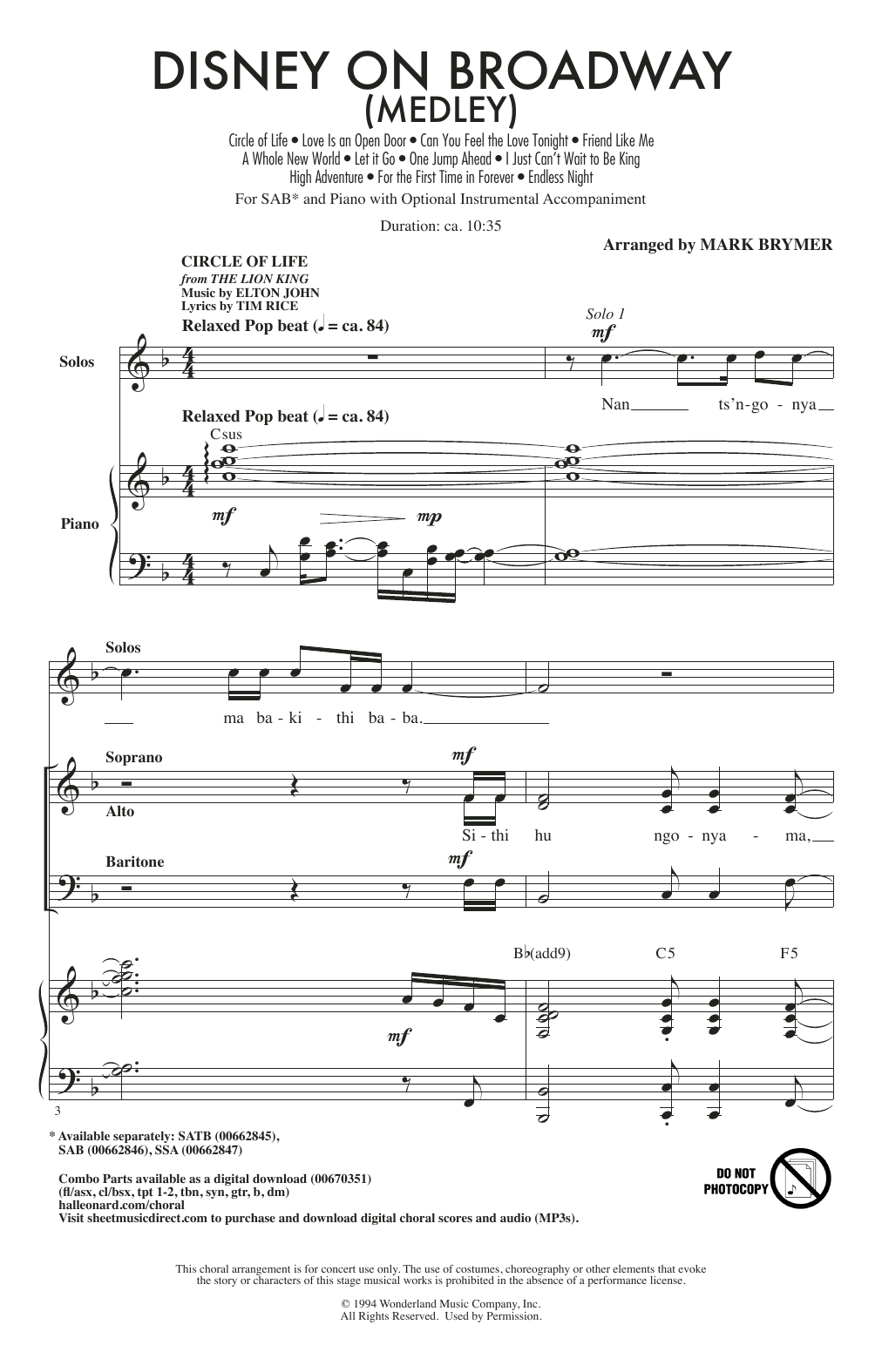 Disney On Broadway (Medley) (SAB Choir) von Mark Brymer