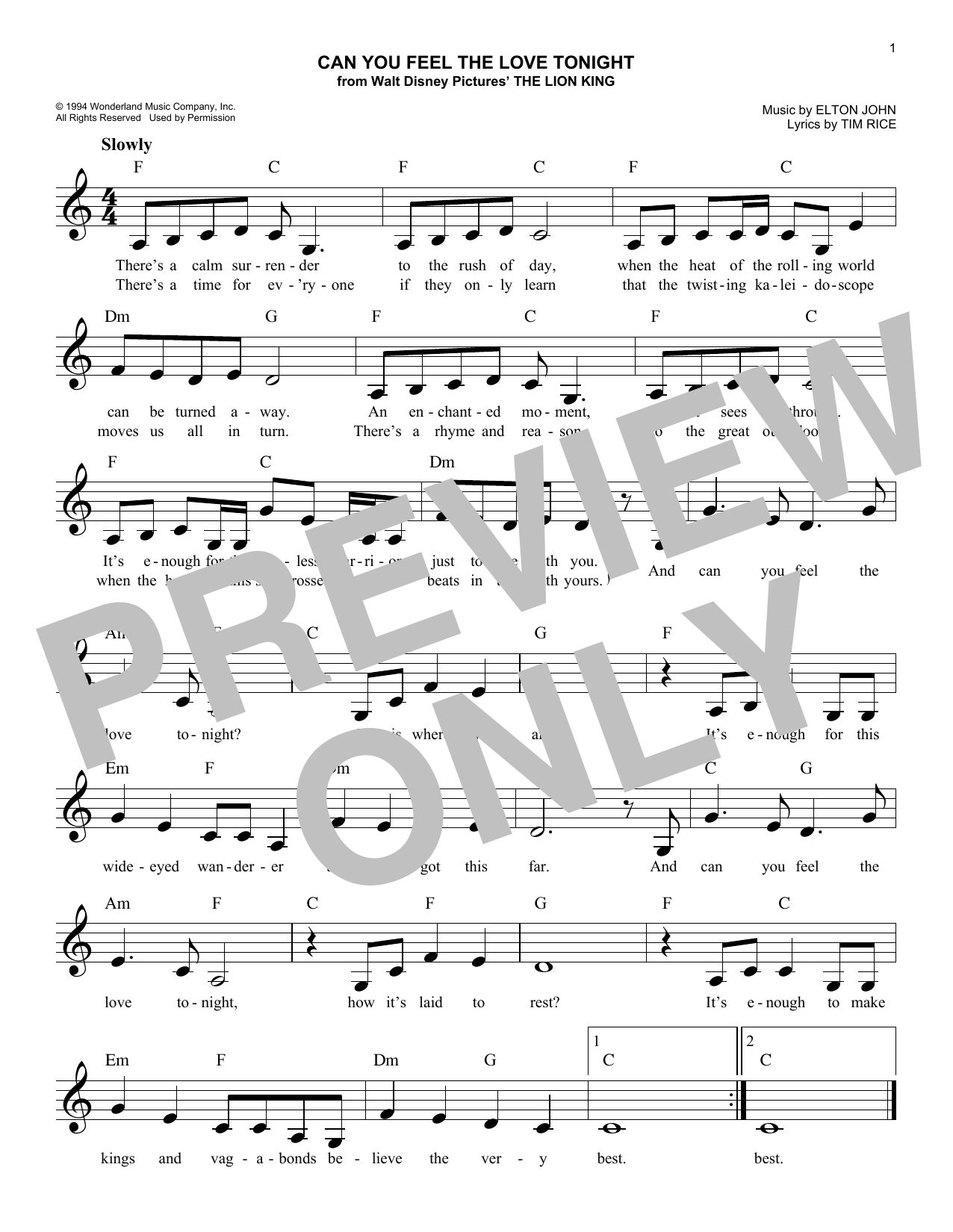 Can You Feel The Love Tonight (from The Lion King) (Lead Sheet / Fake Book) von Elton John