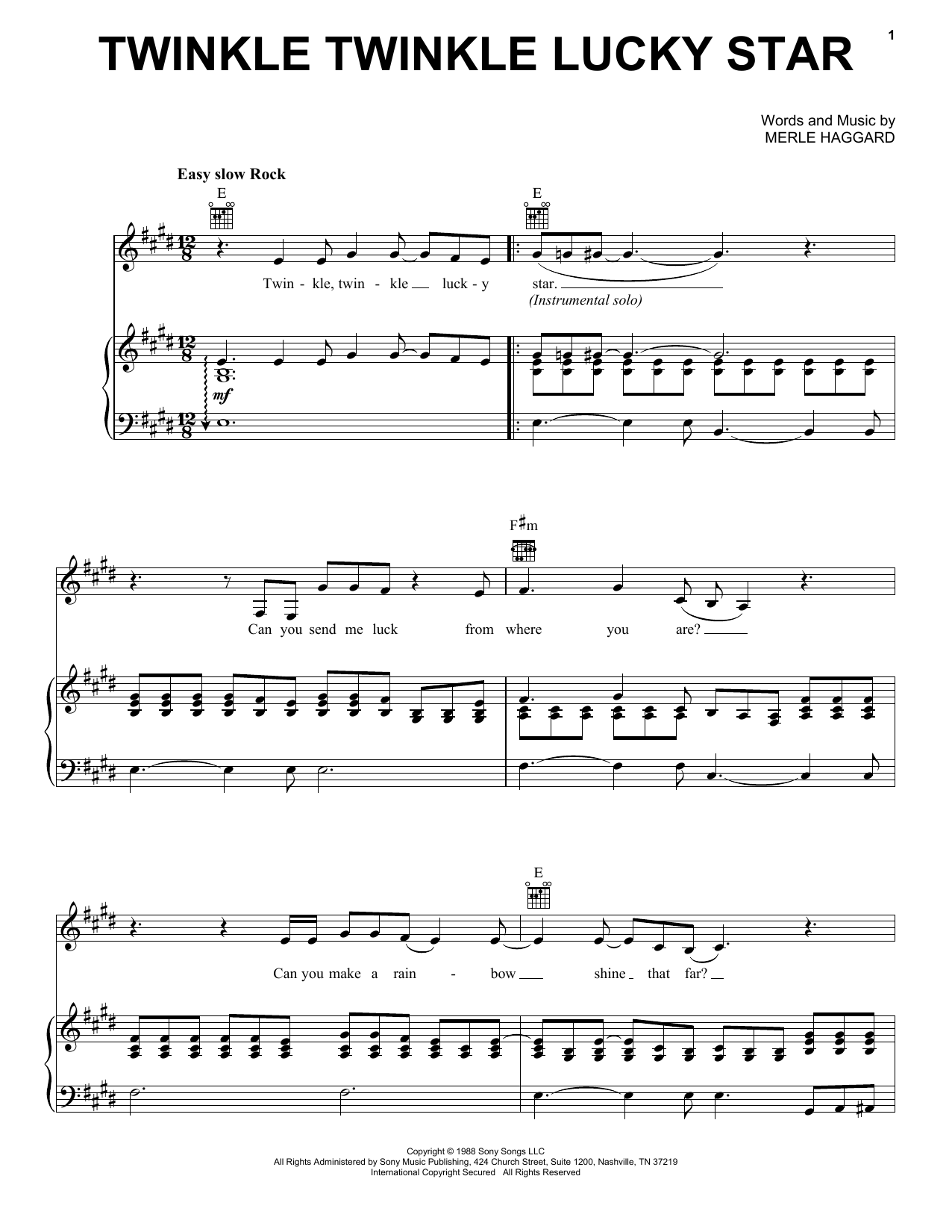 Twinkle Twinkle Lucky Star (Piano, Vocal & Guitar Chords (Right-Hand Melody)) von Merle Haggard