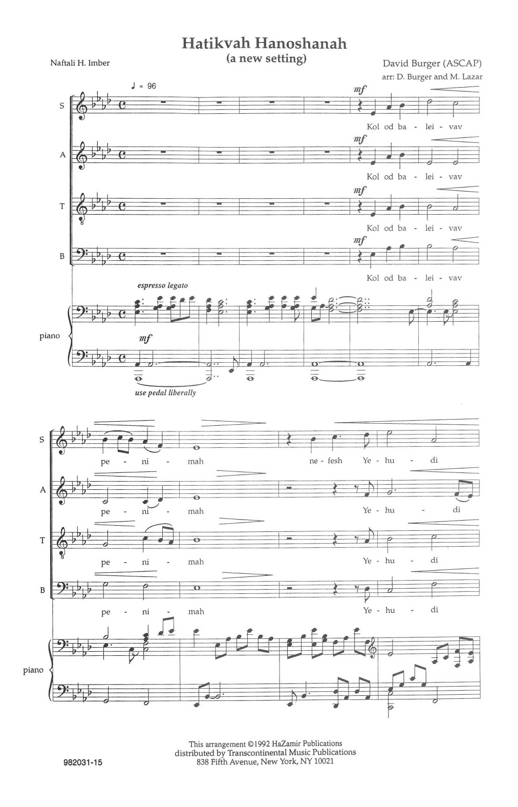 Hatikvah Hanoshanah (SATB Choir) von David Burger