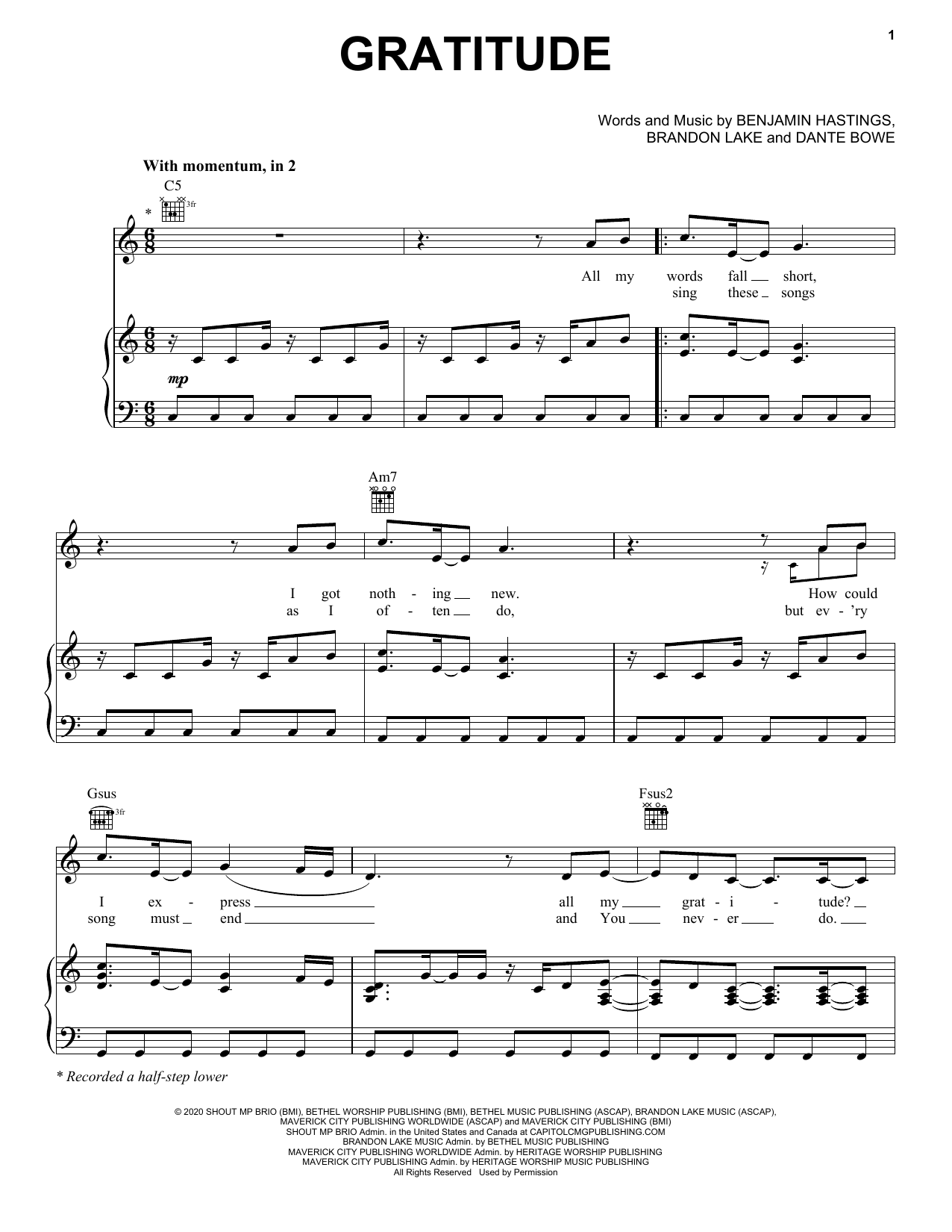 Gratitude (Piano, Vocal & Guitar Chords (Right-Hand Melody)) von Brandon Lake