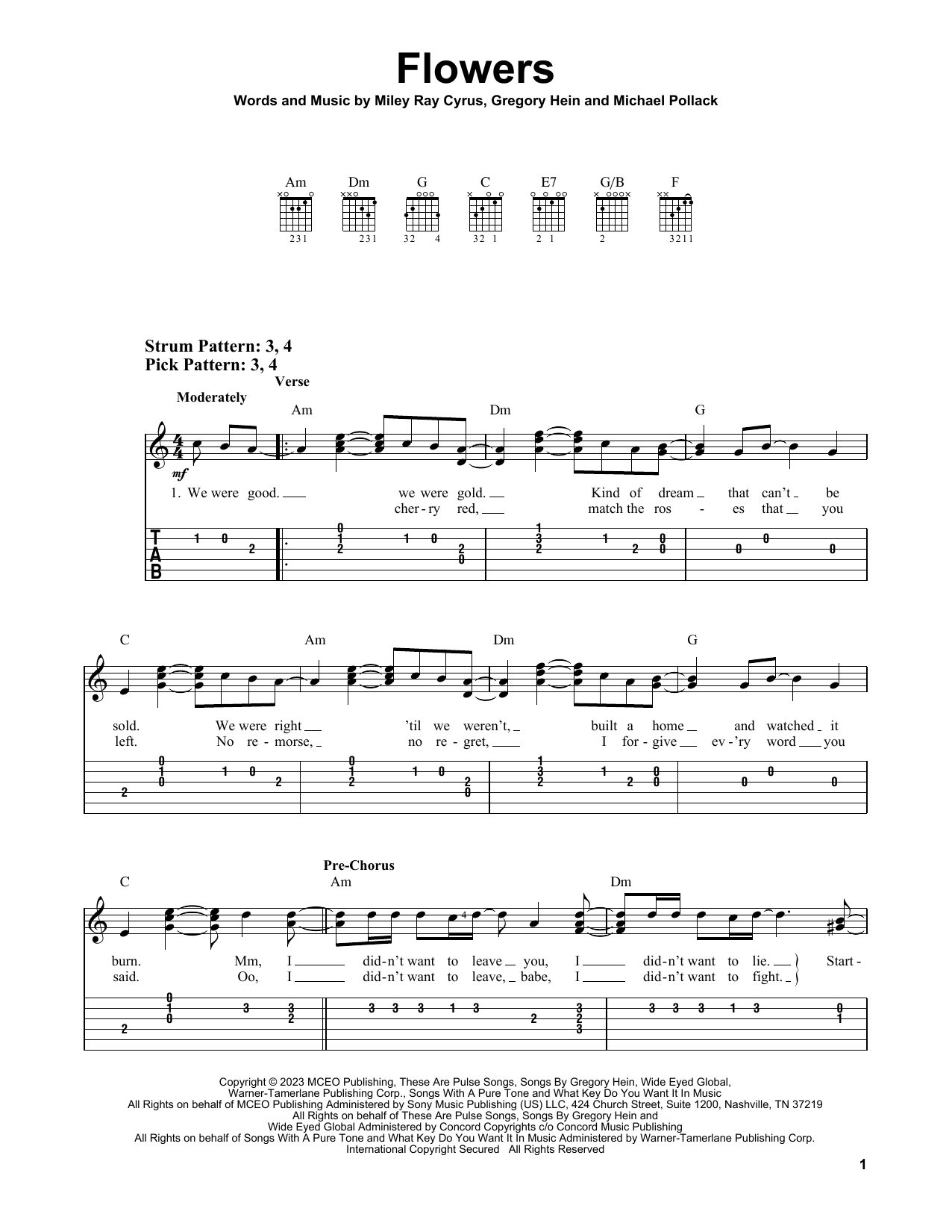 Flowers Easy Guitar Tab Online Noten von Miley Cyrus smd1265787