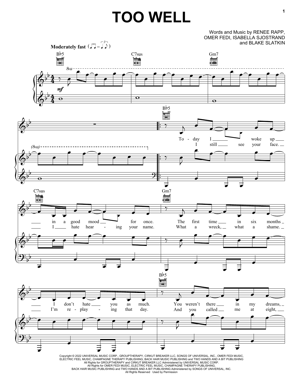 Too Well (Piano, Vocal & Guitar Chords (Right-Hand Melody)) von Rene Rapp