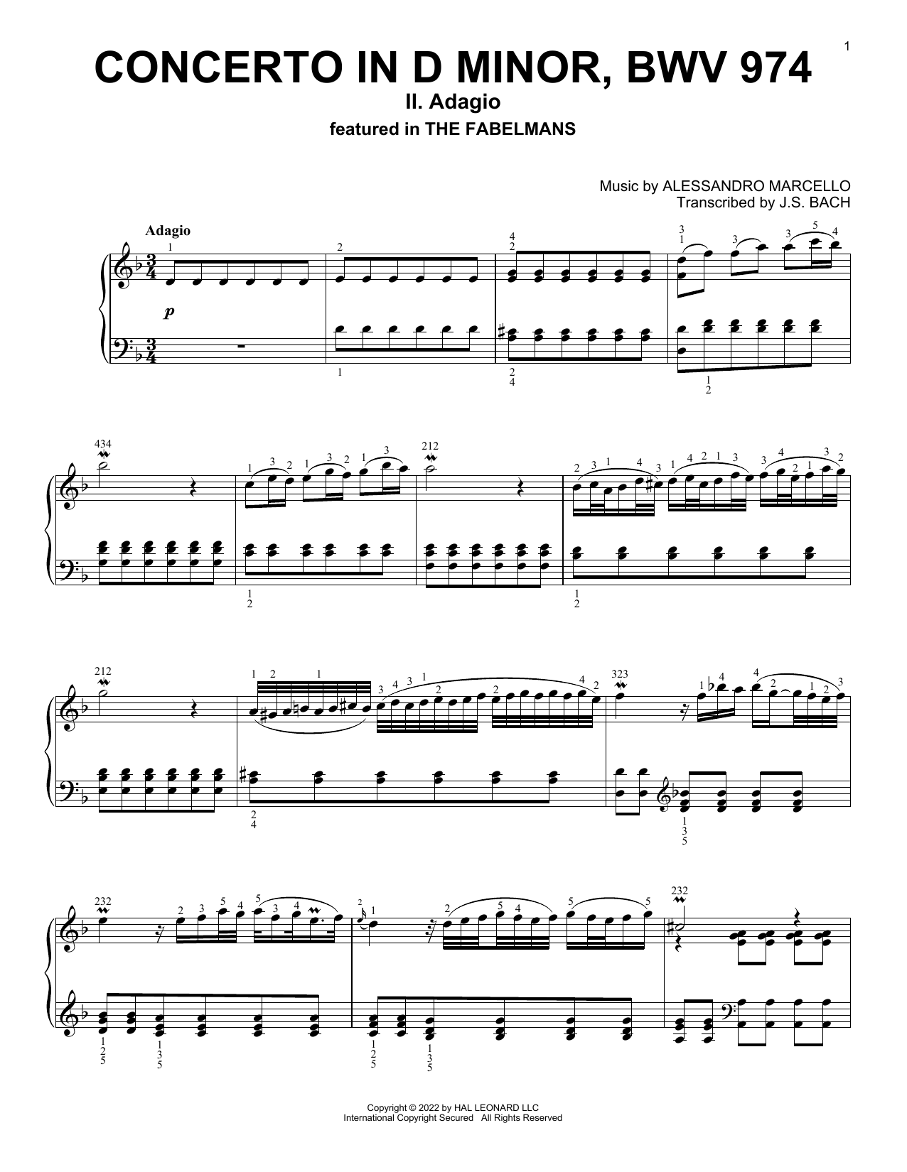 Concerto In D Minor, BWV 974 (II: Adagio) (Piano Solo) von Alessandro Marcello