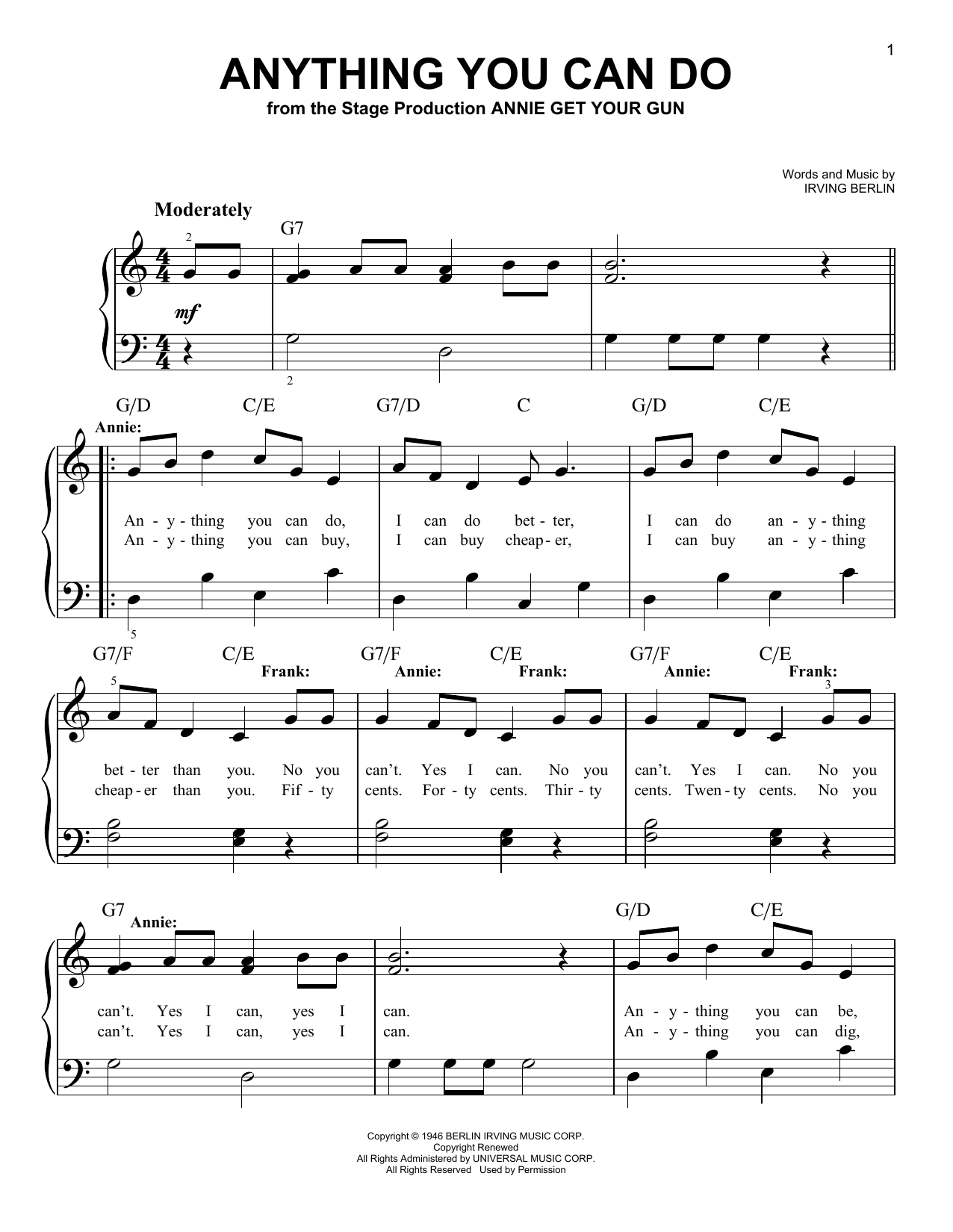 Anything You Can Do (from Annie Get Your Gun) (Very Easy Piano) von Irving Berlin
