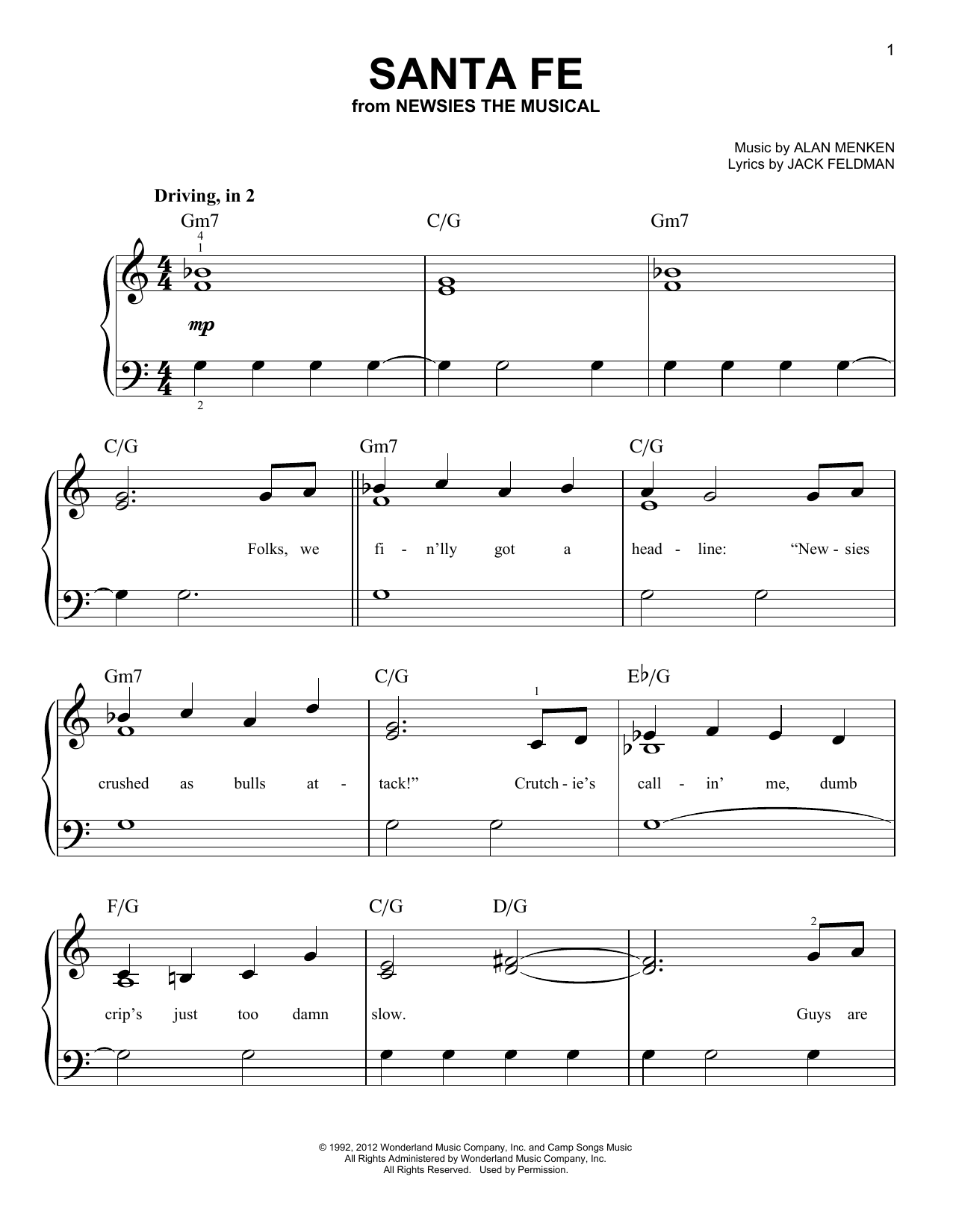 Santa Fe (from Newsies) (Very Easy Piano) von Alan Menken