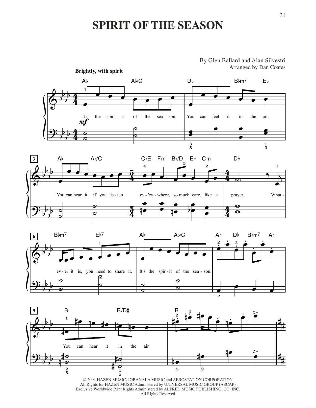 Spirit Of The Season (from The Polar Express) (arr. Dan Coates) (Easy Piano) von Glen Ballard and Alan Silvestri