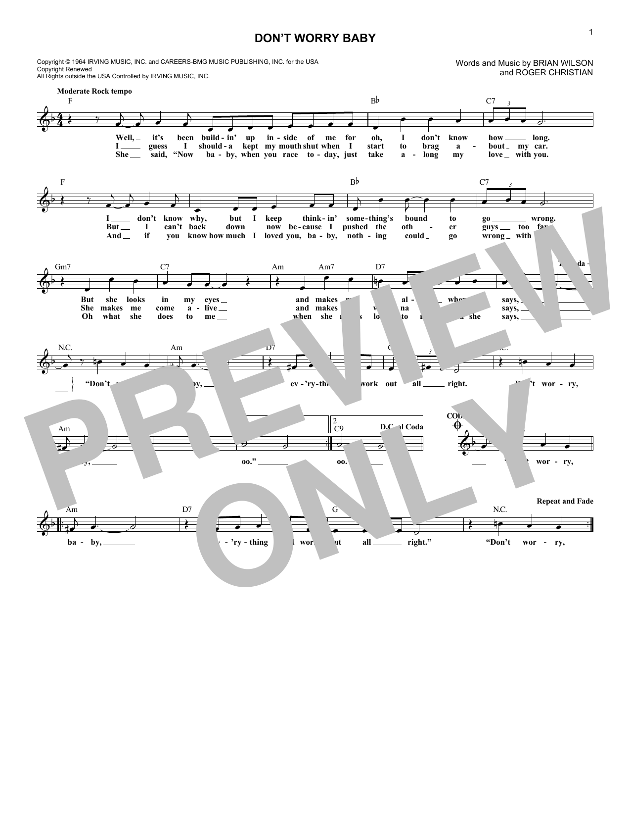 Don't Worry Baby (Lead Sheet / Fake Book) von The Beach Boys